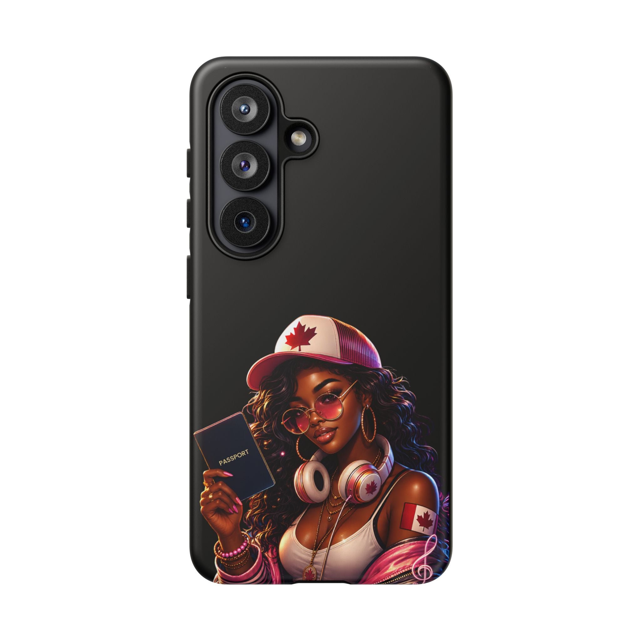 Canadian Vibes Phone Case — Afrobeat Girl with Headphones & Passport Design
