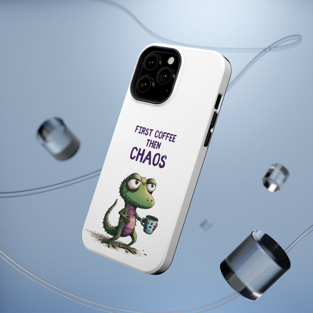 Impact-Resistant Phone Case — "First Coffee Then Chaos" Cute Lizard Coffee Design