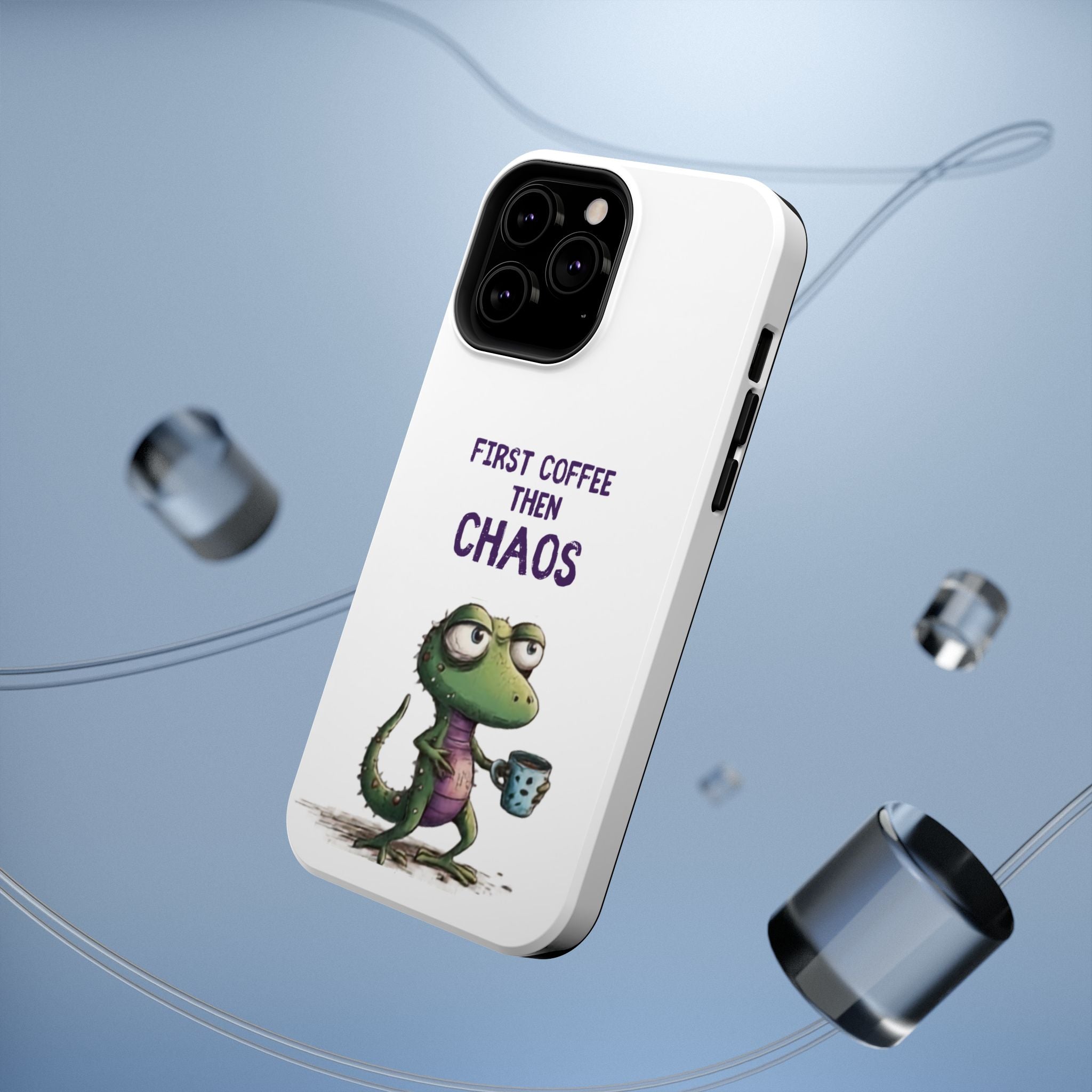 Impact-Resistant Phone Case — "First Coffee Then Chaos" Cute Lizard Coffee Design