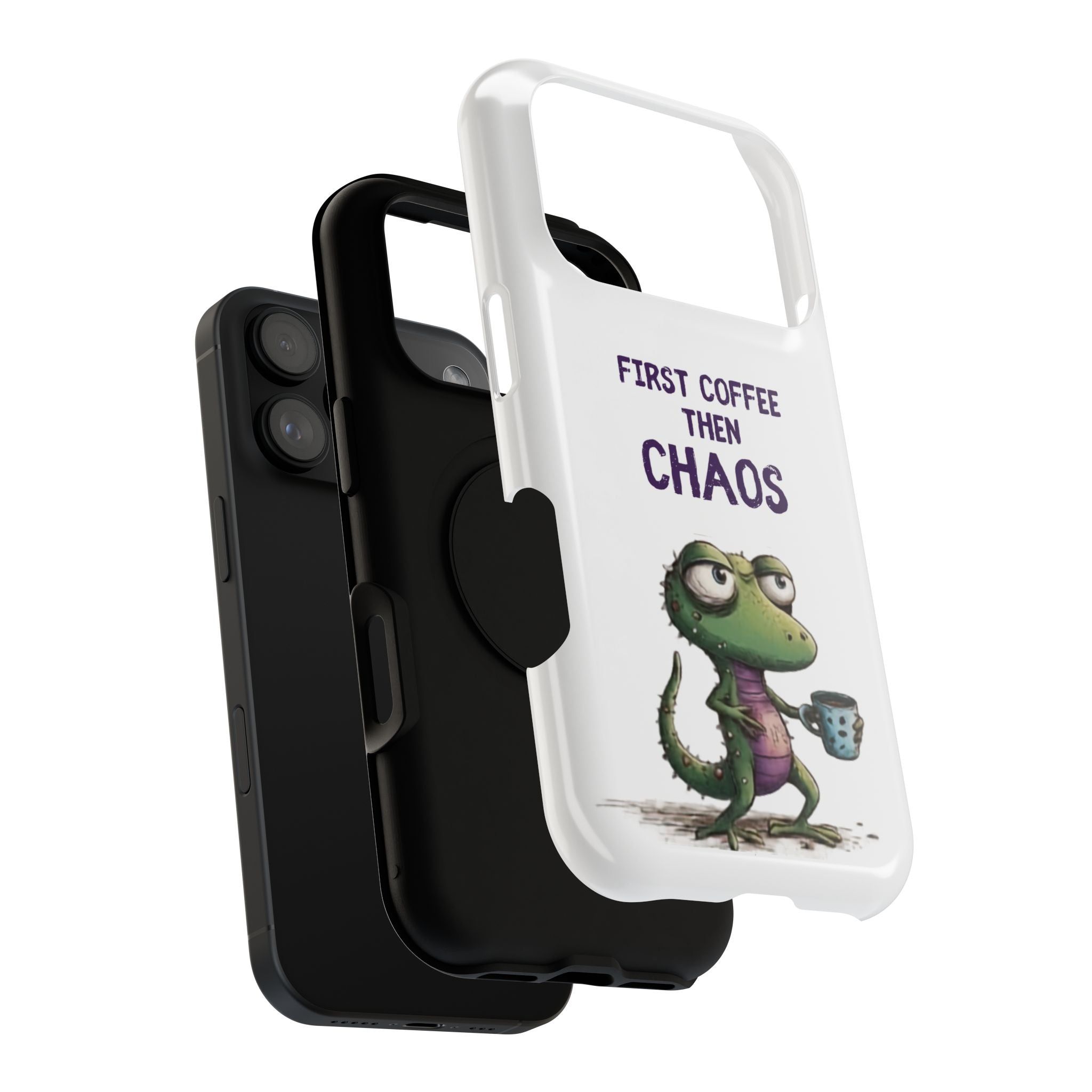 Impact-Resistant Phone Case — "First Coffee Then Chaos" Cute Lizard Coffee Design