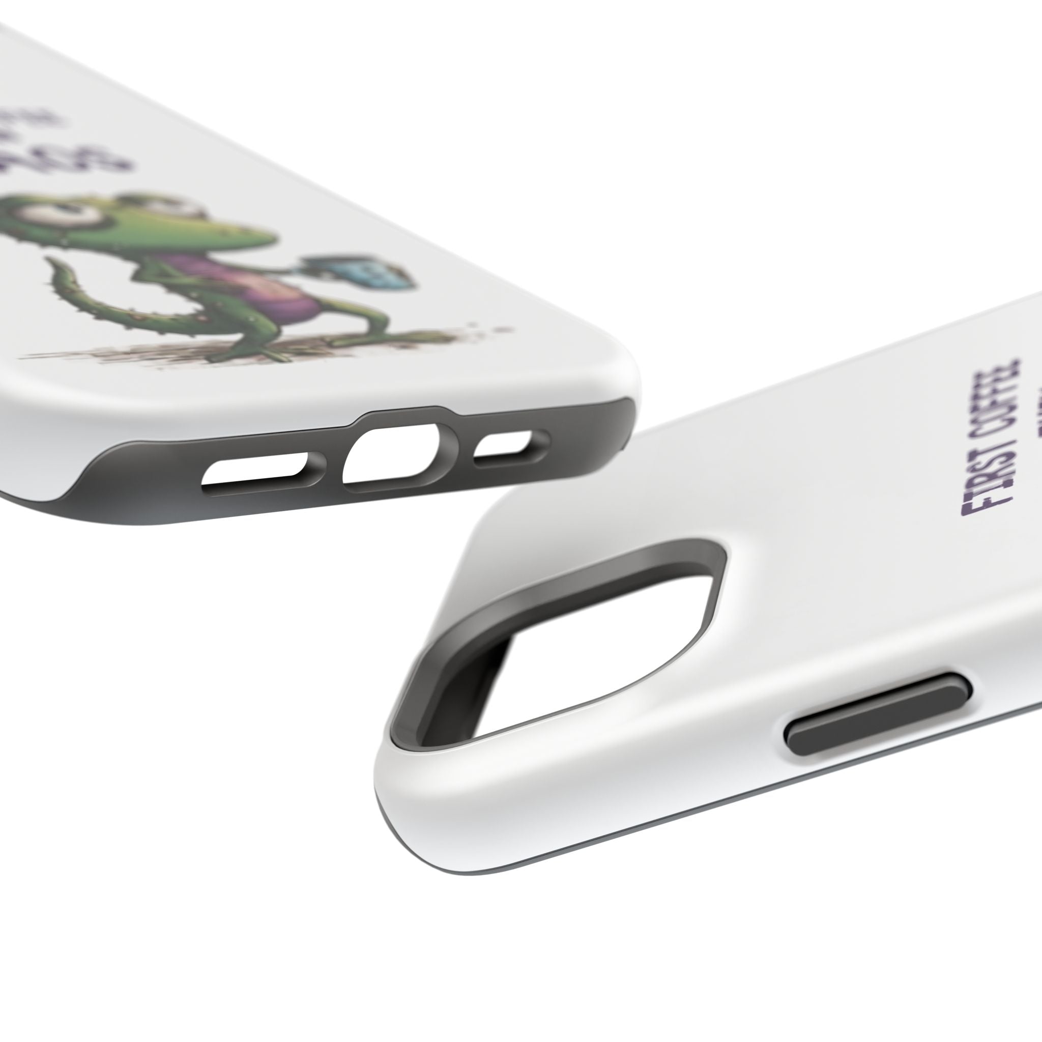 Impact-Resistant Phone Case — "First Coffee Then Chaos" Cute Lizard Coffee Design