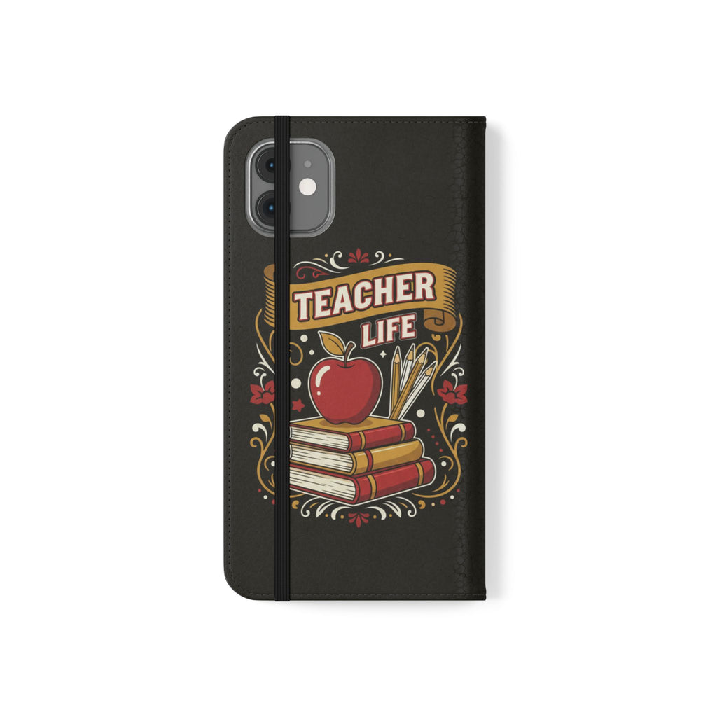 Teacher Life Flip Phone Case – Wallet Folio with Apple & Books Design