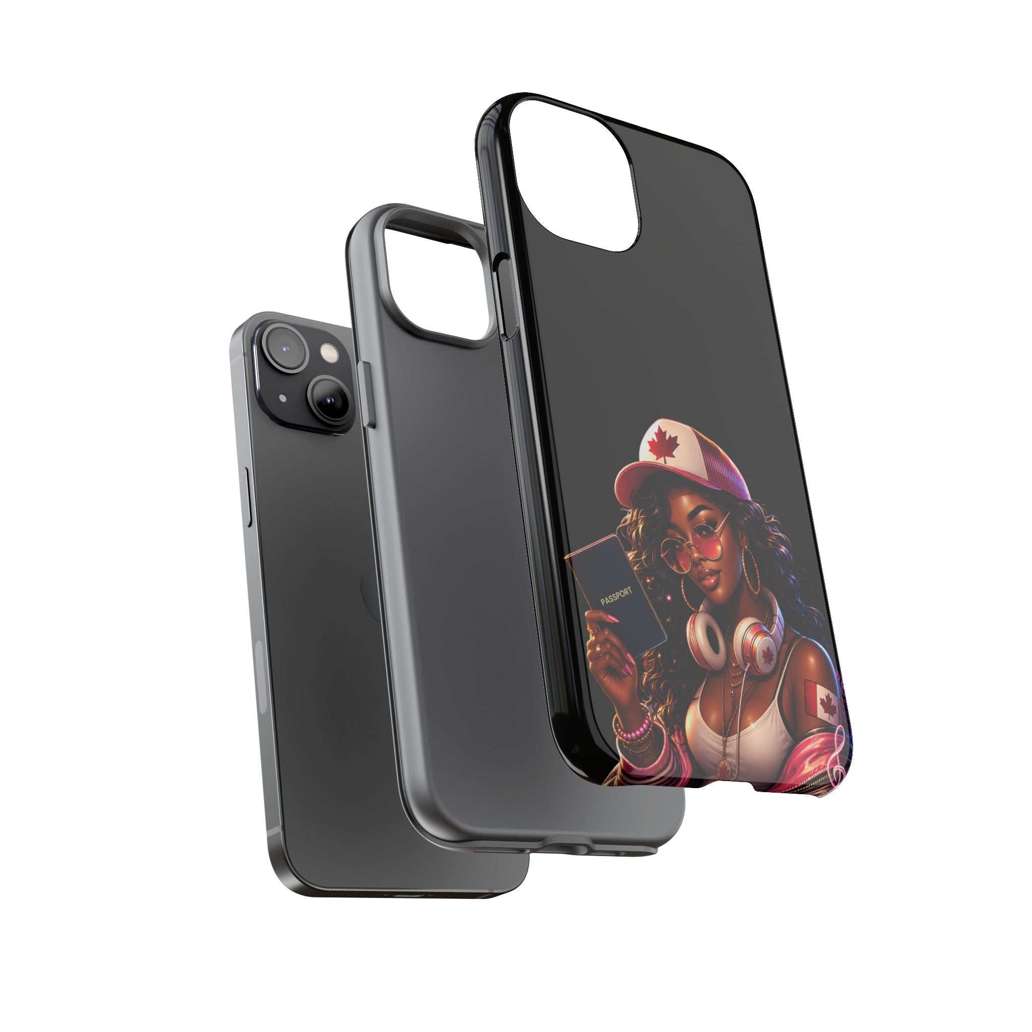 Canadian Vibes Phone Case — Afrobeat Girl with Headphones & Passport Design