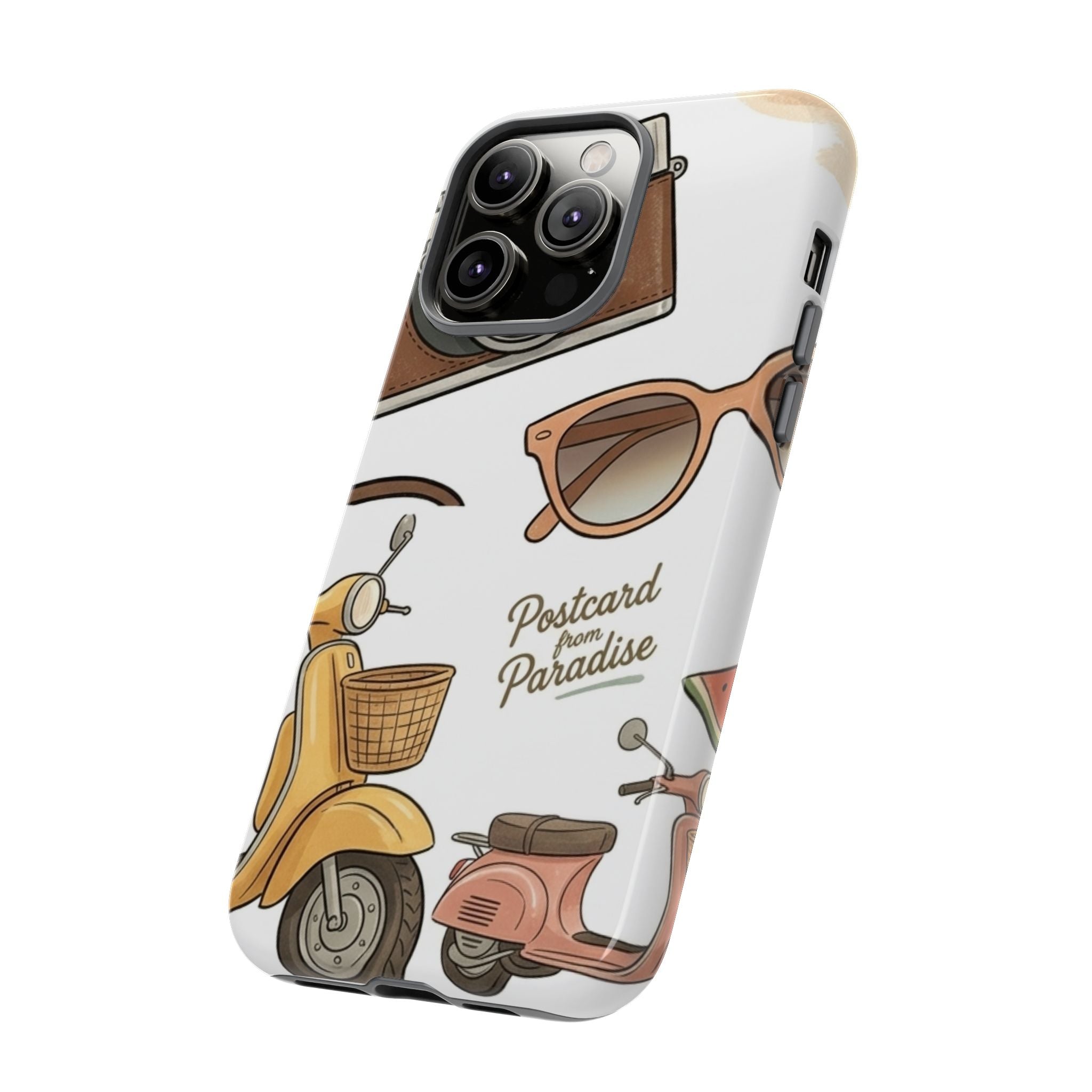 Vintage Summer Beach Phone Case — Feminine Travel Pattern with Cameras, Sunglasses & Scooter