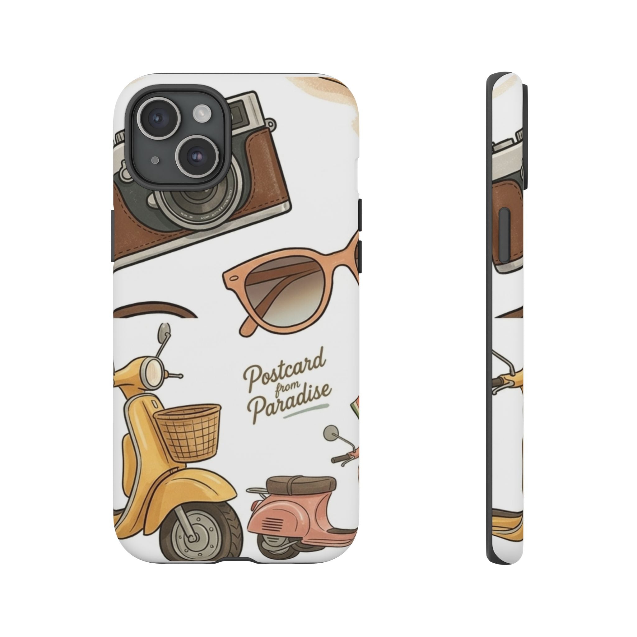 Vintage Summer Beach Phone Case — Feminine Travel Pattern with Cameras, Sunglasses & Scooter