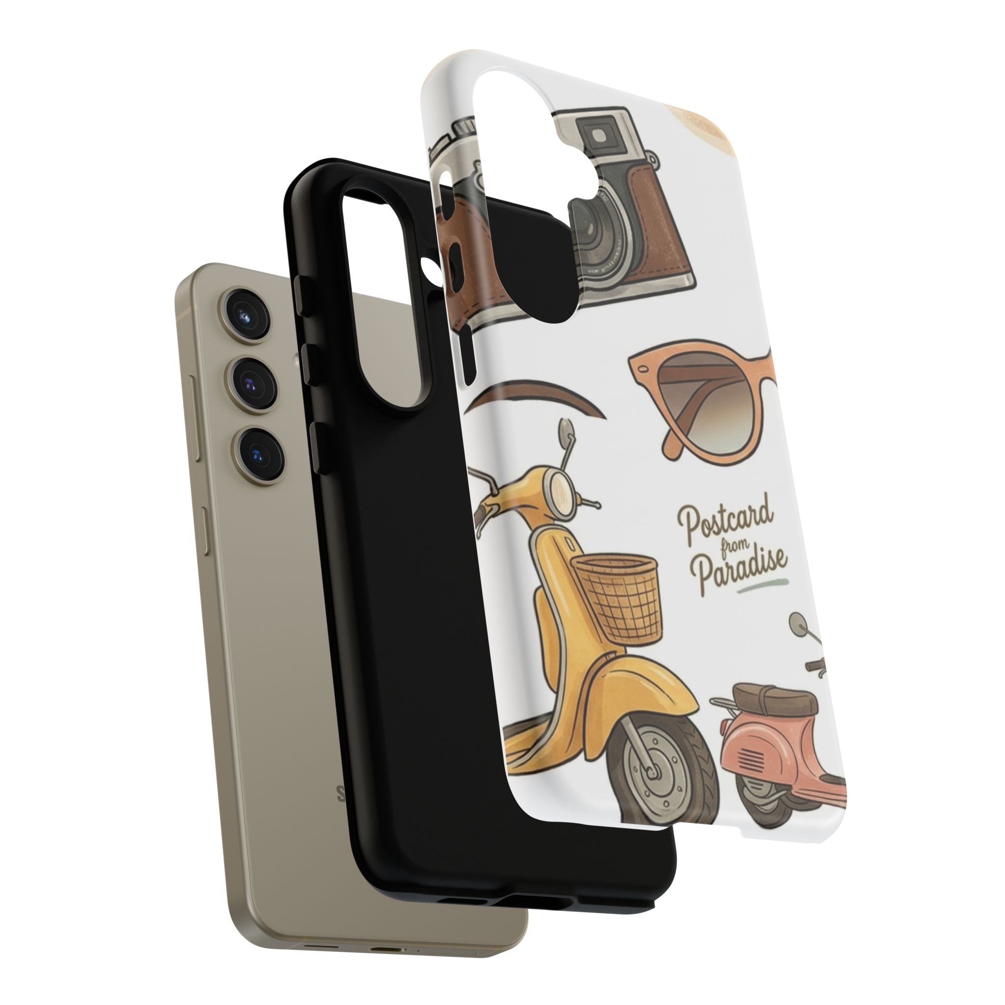 Vintage Summer Beach Phone Case — Feminine Travel Pattern with Cameras, Sunglasses & Scooter