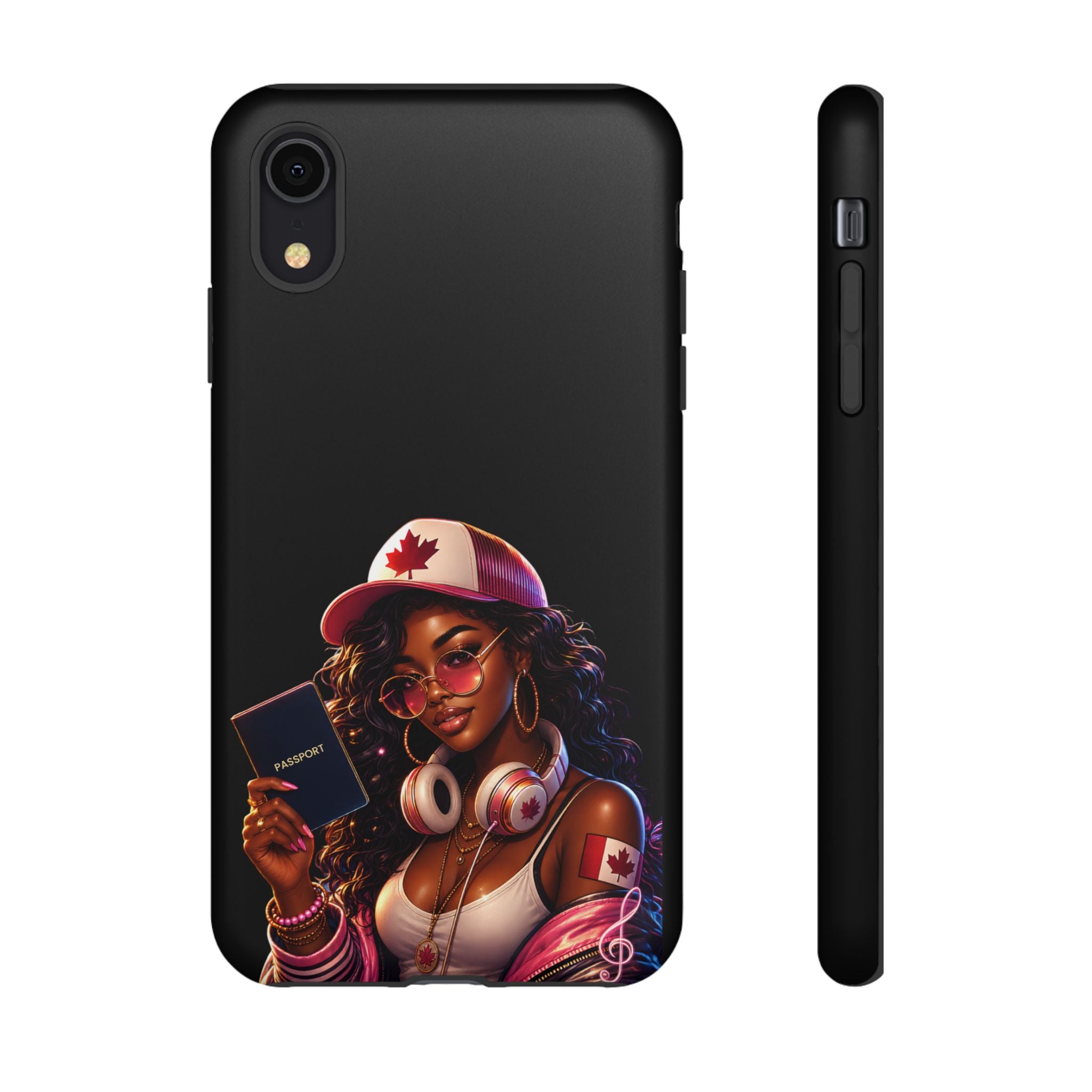 Canadian Vibes Phone Case — Afrobeat Girl with Headphones & Passport Design