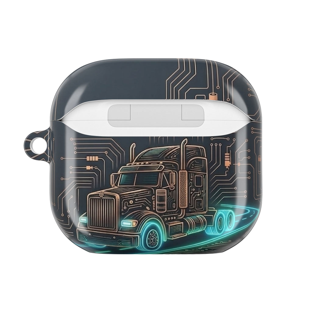 Trucker Tech AirPods Case — Neon Semi Truck Circuit Design