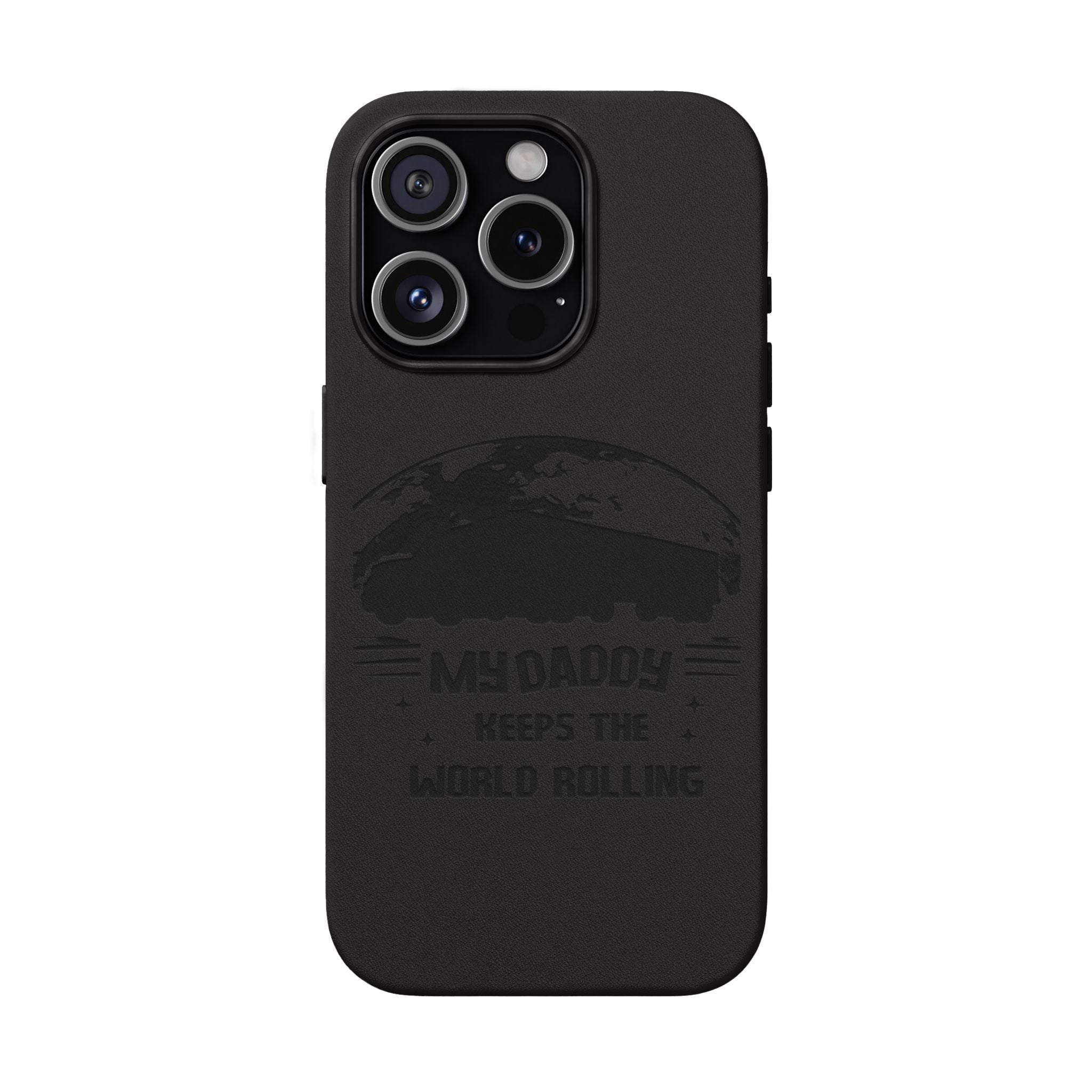 Engraved PU Leather Phone Case — 'Mhdaddy Keeps the World Rolling' Vintage Van Design
