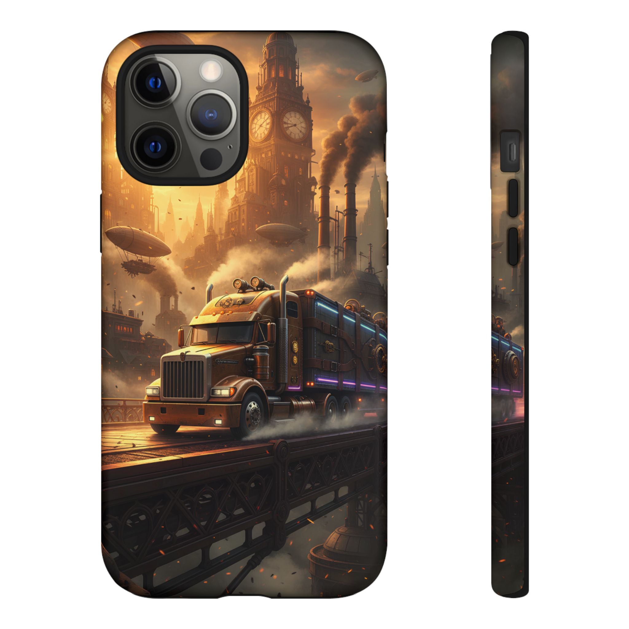 Steampunk Freightliner Phone Case — Rugged Trucking Cityscape iPhone Cover