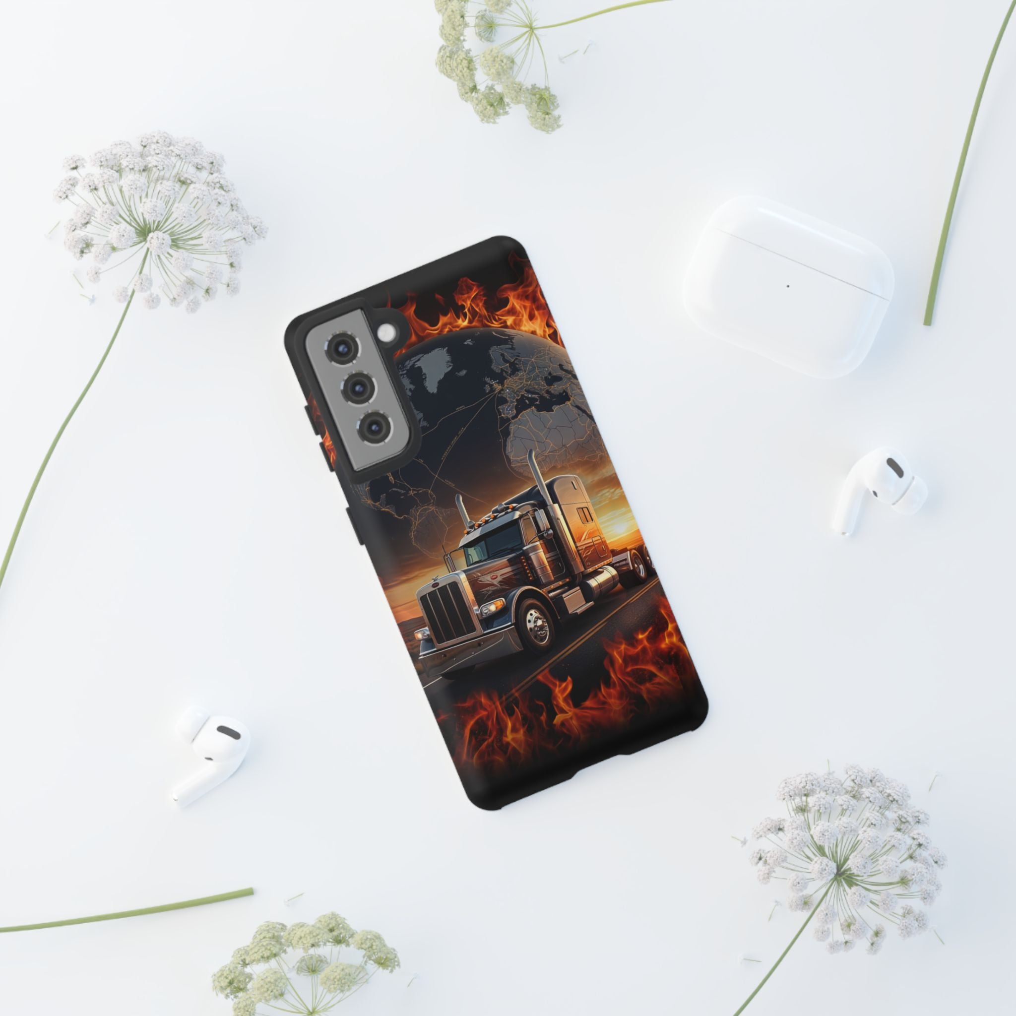 Truck Flames Phone Case — Bold Semi-Truck Globe Design