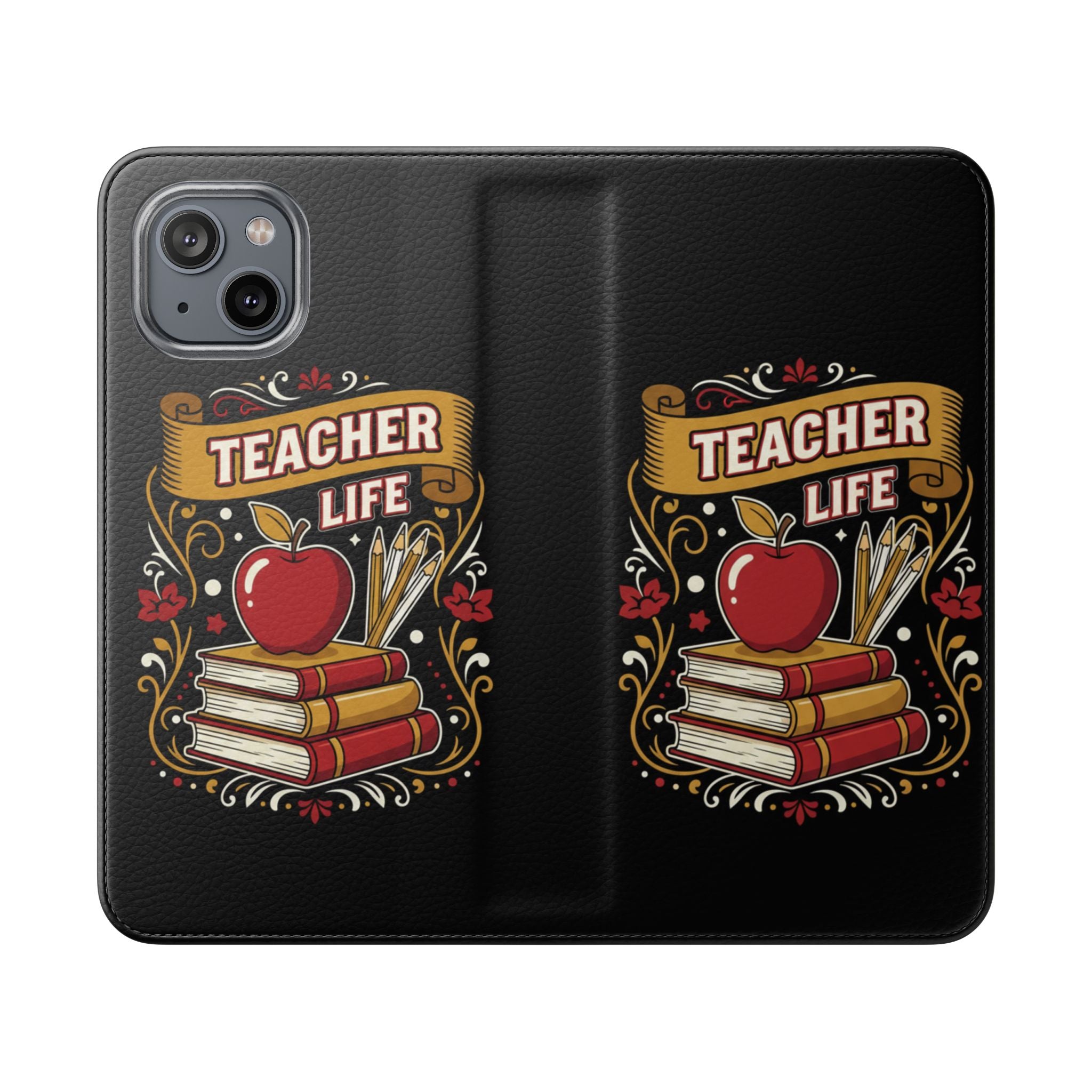 Teacher Life Flip Phone Case – Wallet Folio with Apple & Books Design