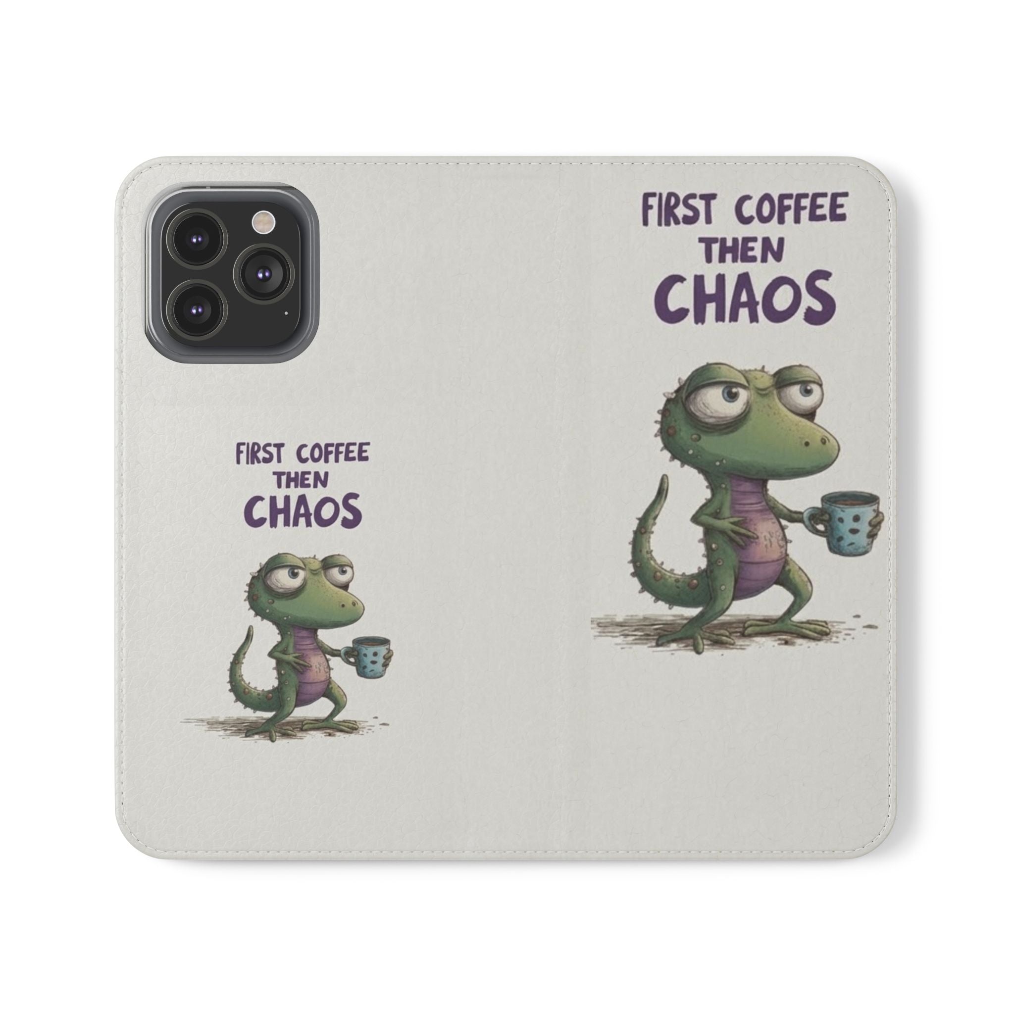 Flip Case — "First Coffee Then Chaos" Cute Dino Phone Wallet