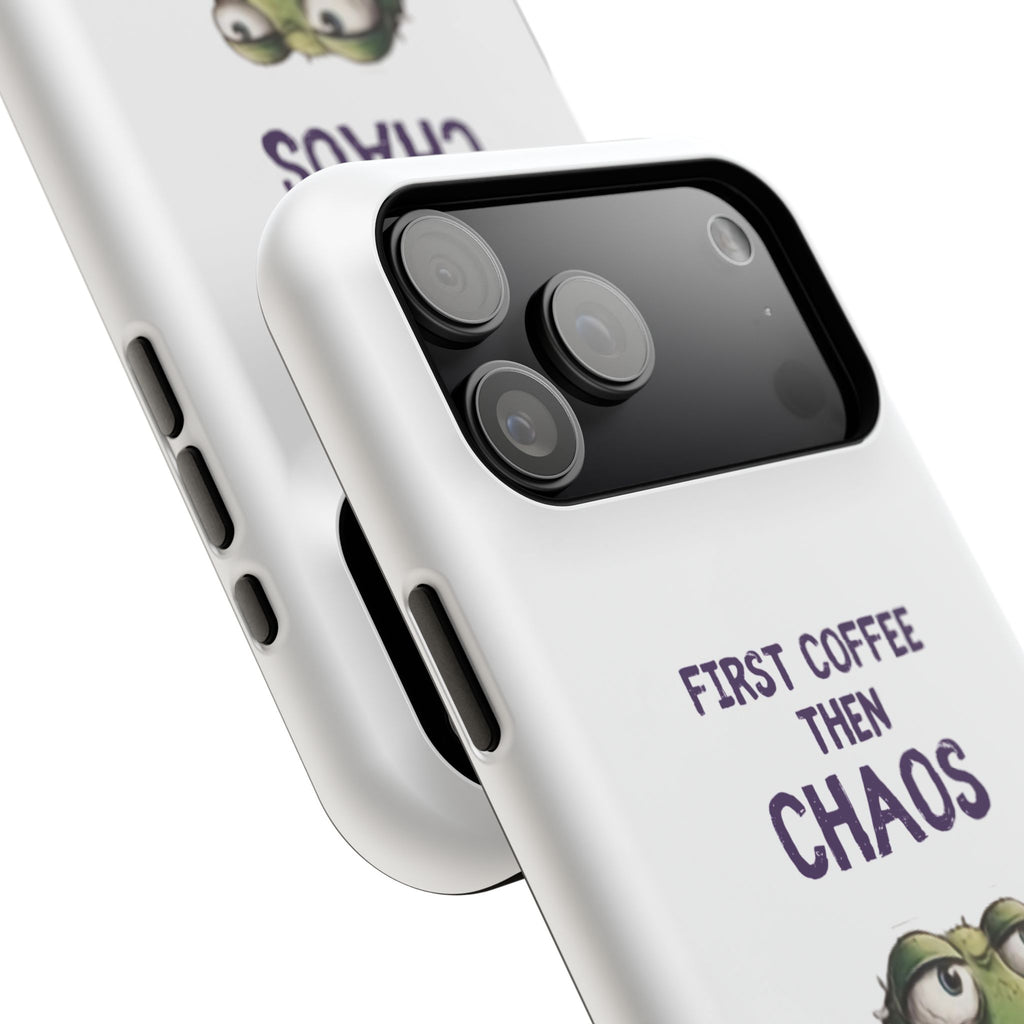 Impact-Resistant Phone Case — "First Coffee Then Chaos" Cute Lizard Coffee Design