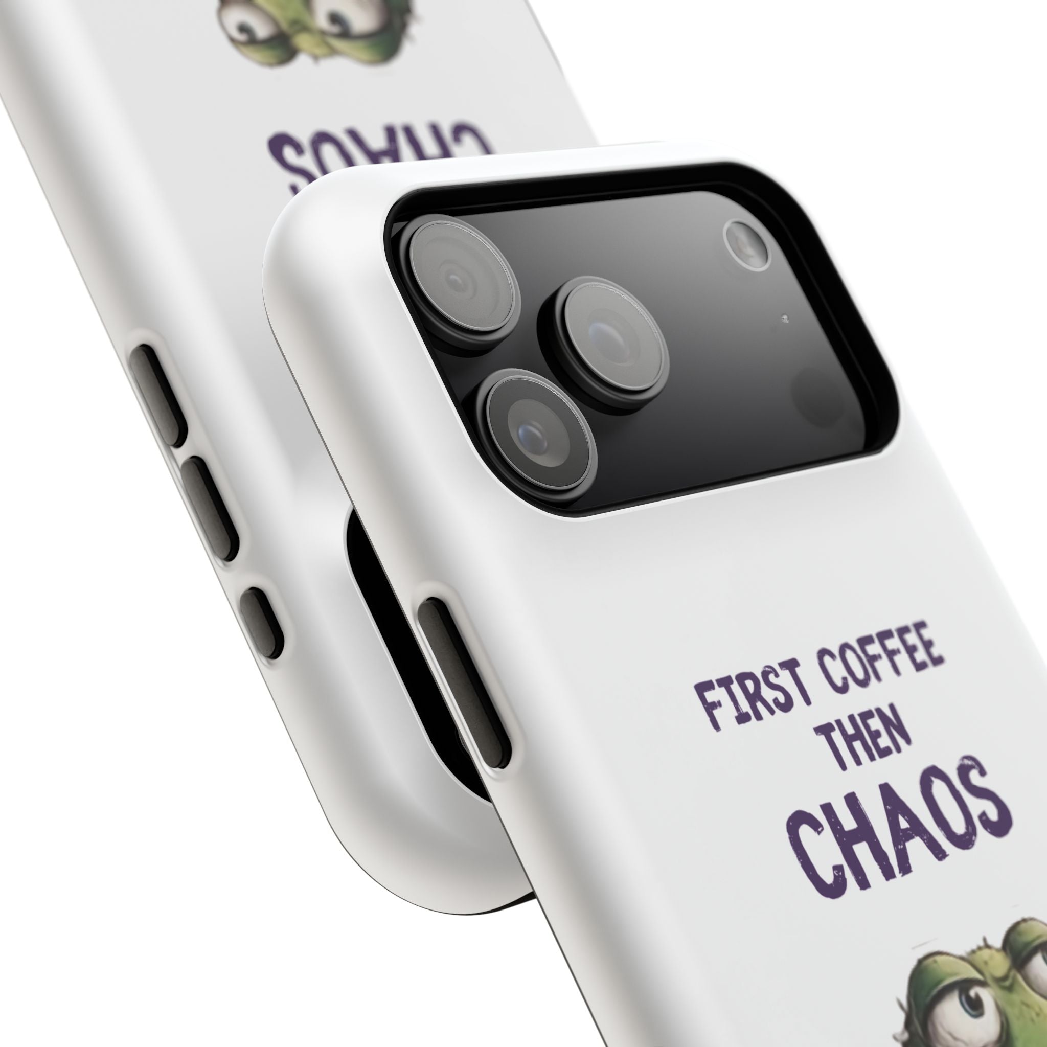 Impact-Resistant Phone Case — "First Coffee Then Chaos" Cute Lizard Coffee Design