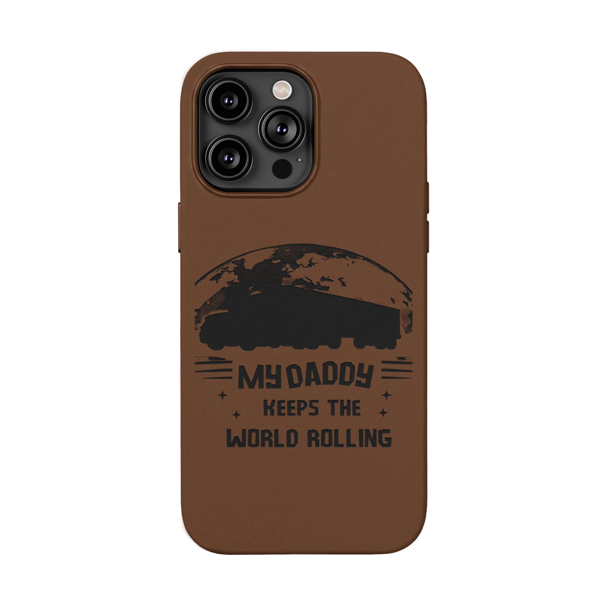 Engraved PU Leather Phone Case — 'Mhdaddy Keeps the World Rolling' Vintage Van Design