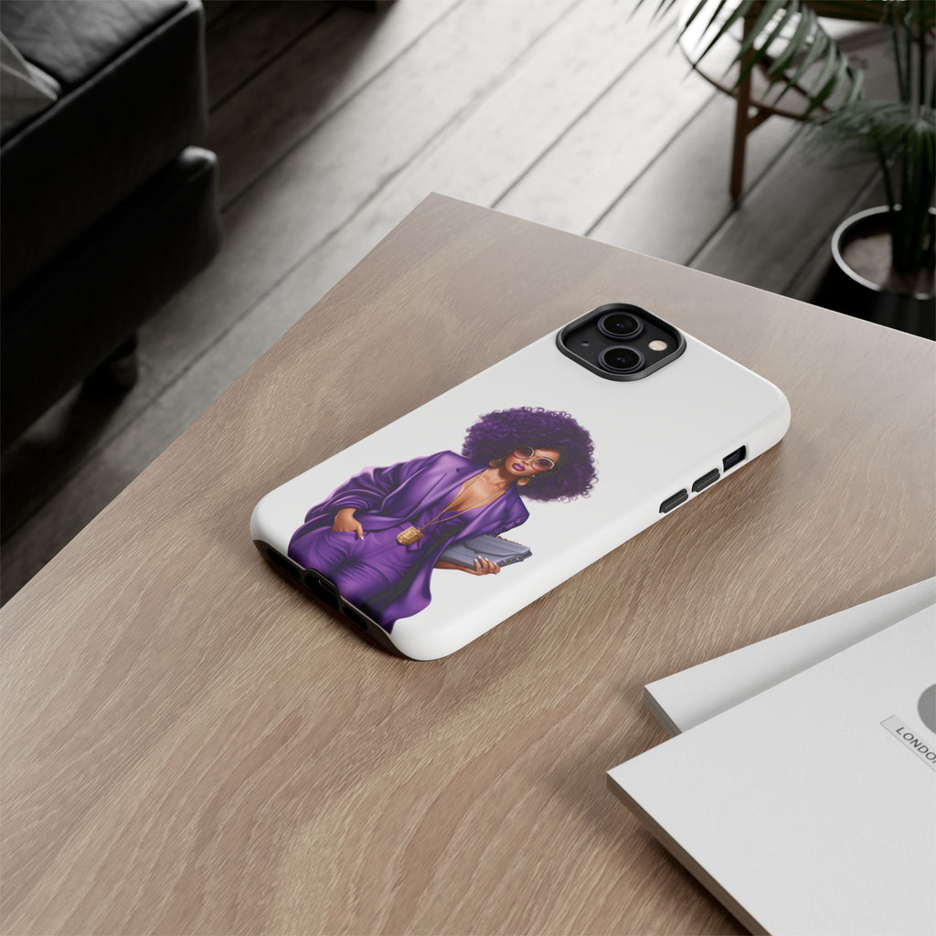 Purple Power Woman Phone Case — Afro Chic Businesswoman Protective Phone Cover