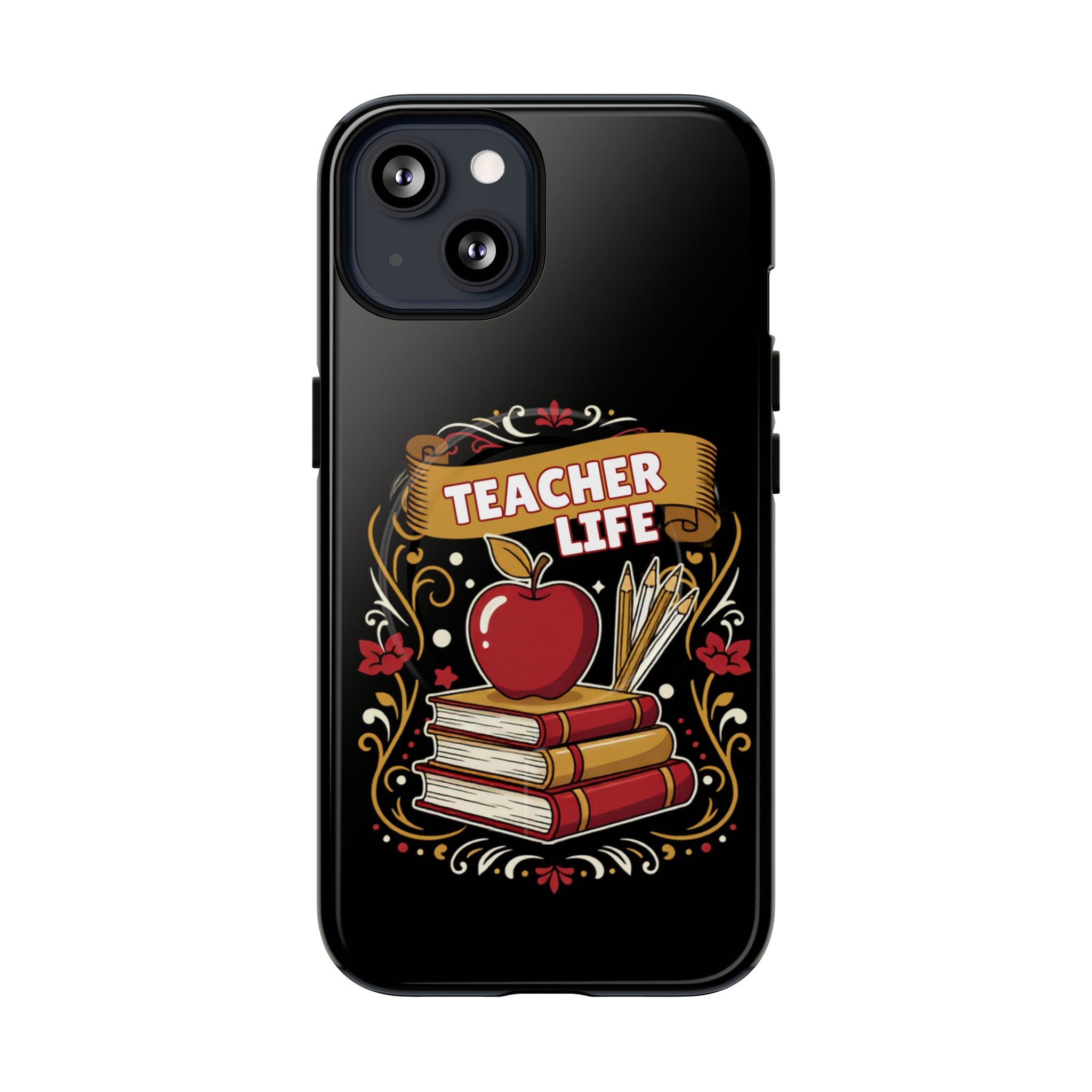 Teacher Life Phone Case - Tough Magnetic Protective Cover with Apple & Books Design