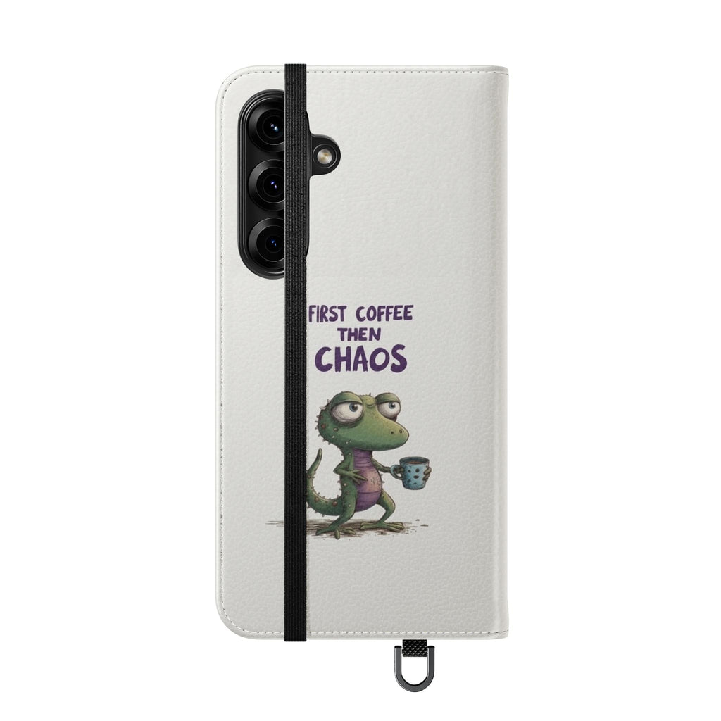 Flip Case — "First Coffee Then Chaos" Cute Dino Phone Wallet