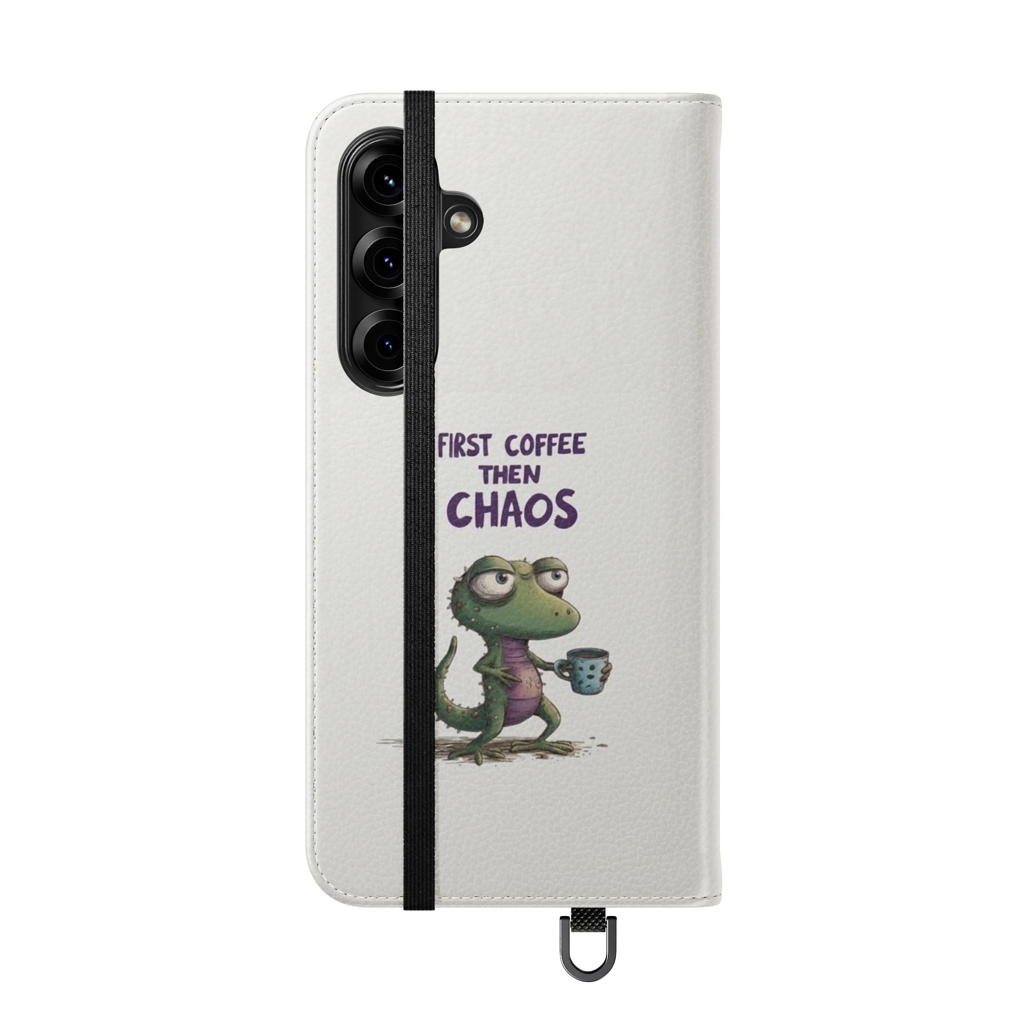 Flip Case — "First Coffee Then Chaos" Cute Dino Phone Wallet