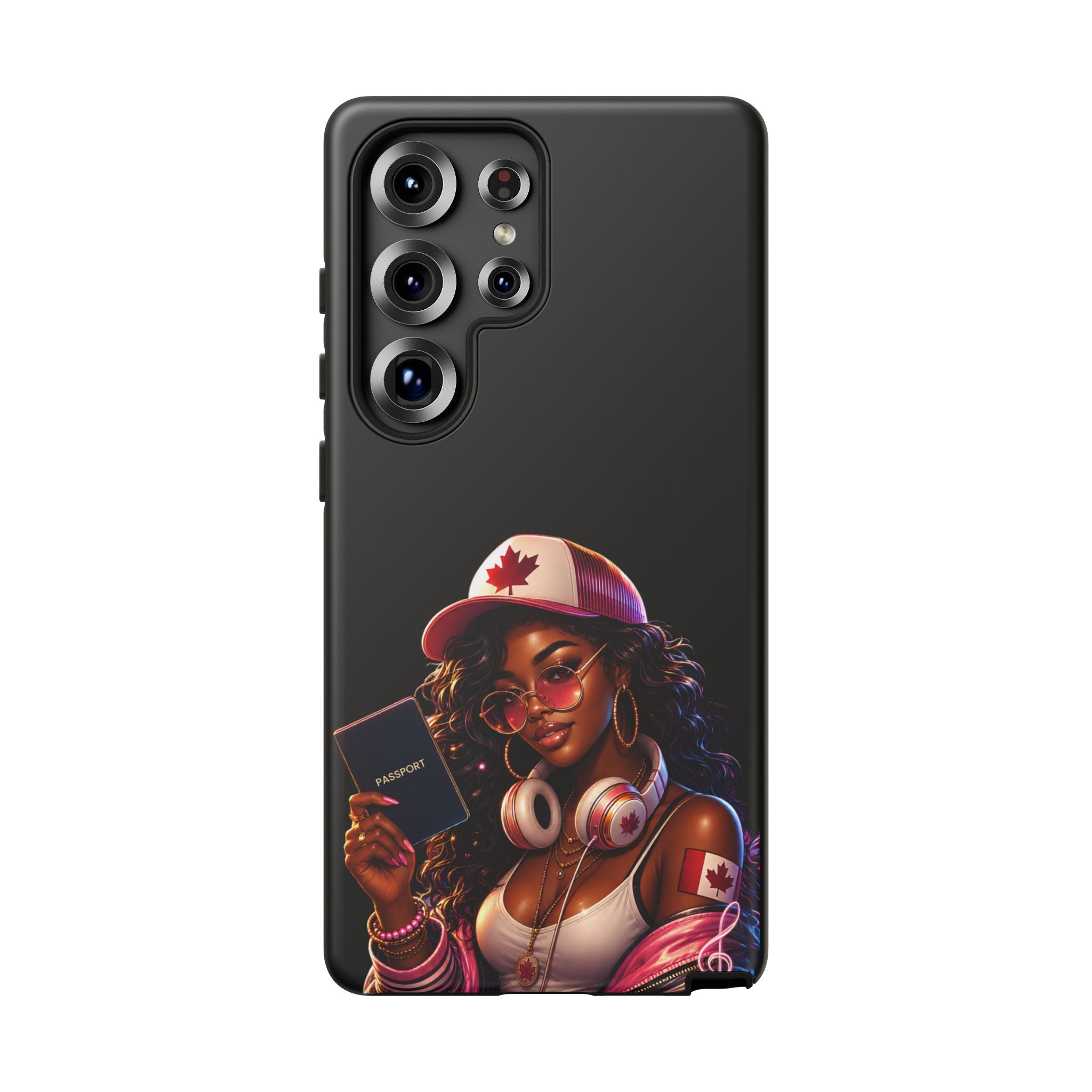 Canadian Vibes Phone Case — Afrobeat Girl with Headphones & Passport Design