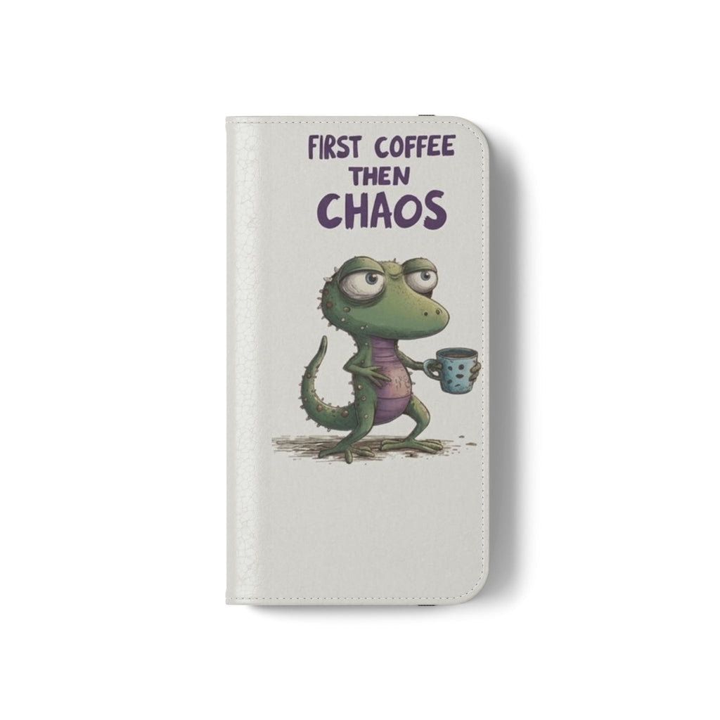Flip Case — "First Coffee Then Chaos" Cute Dino Phone Wallet