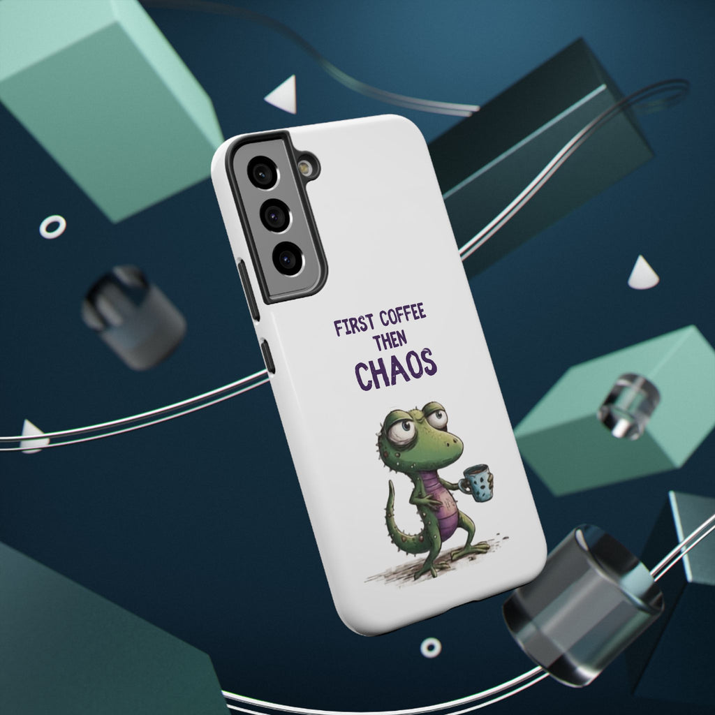 Impact-Resistant Phone Case — "First Coffee Then Chaos" Cute Lizard Coffee Design