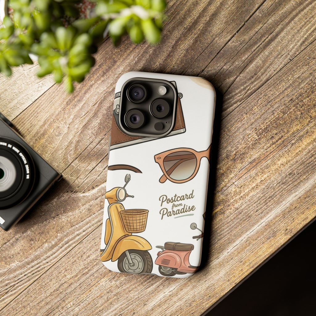 Vintage Summer Beach Phone Case — Feminine Travel Pattern with Cameras, Sunglasses & Scooter