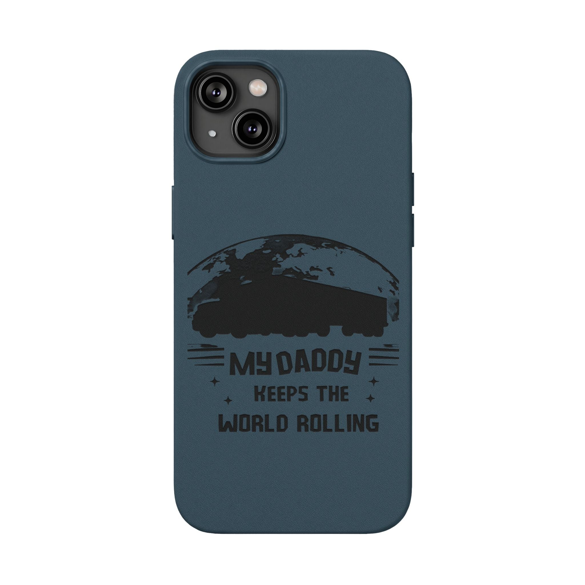 Engraved PU Leather Phone Case — 'Mhdaddy Keeps the World Rolling' Vintage Van Design