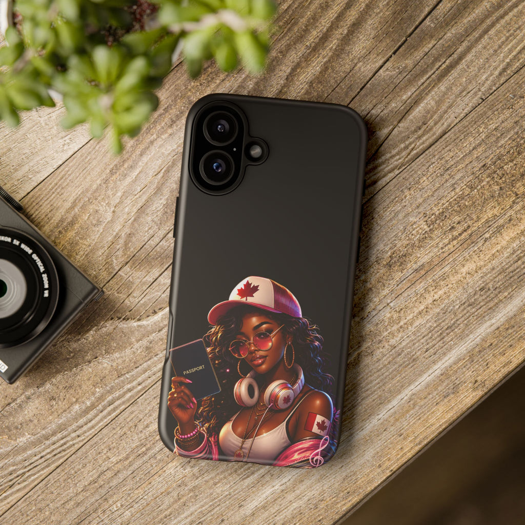 Canadian Vibes Phone Case — Afrobeat Girl with Headphones & Passport Design