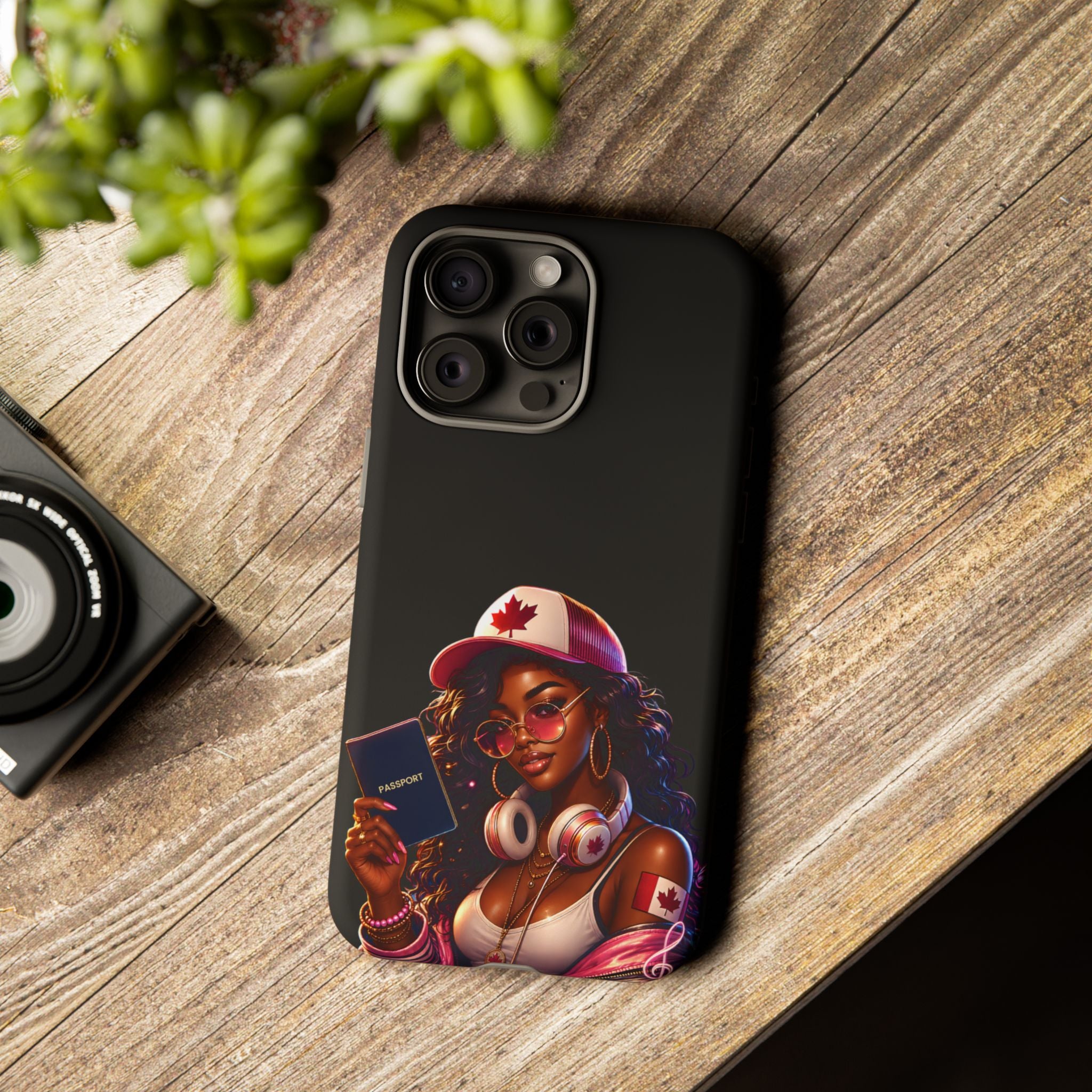 Canadian Vibes Phone Case — Afrobeat Girl with Headphones & Passport Design
