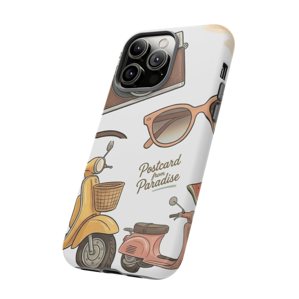 Vintage Summer Beach Phone Case — Feminine Travel Pattern with Cameras, Sunglasses & Scooter