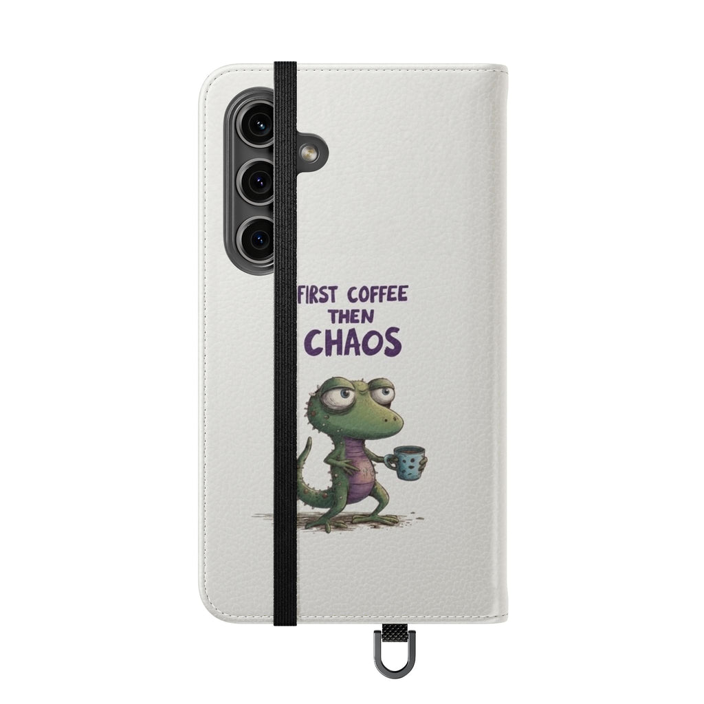 Flip Case — "First Coffee Then Chaos" Cute Dino Phone Wallet