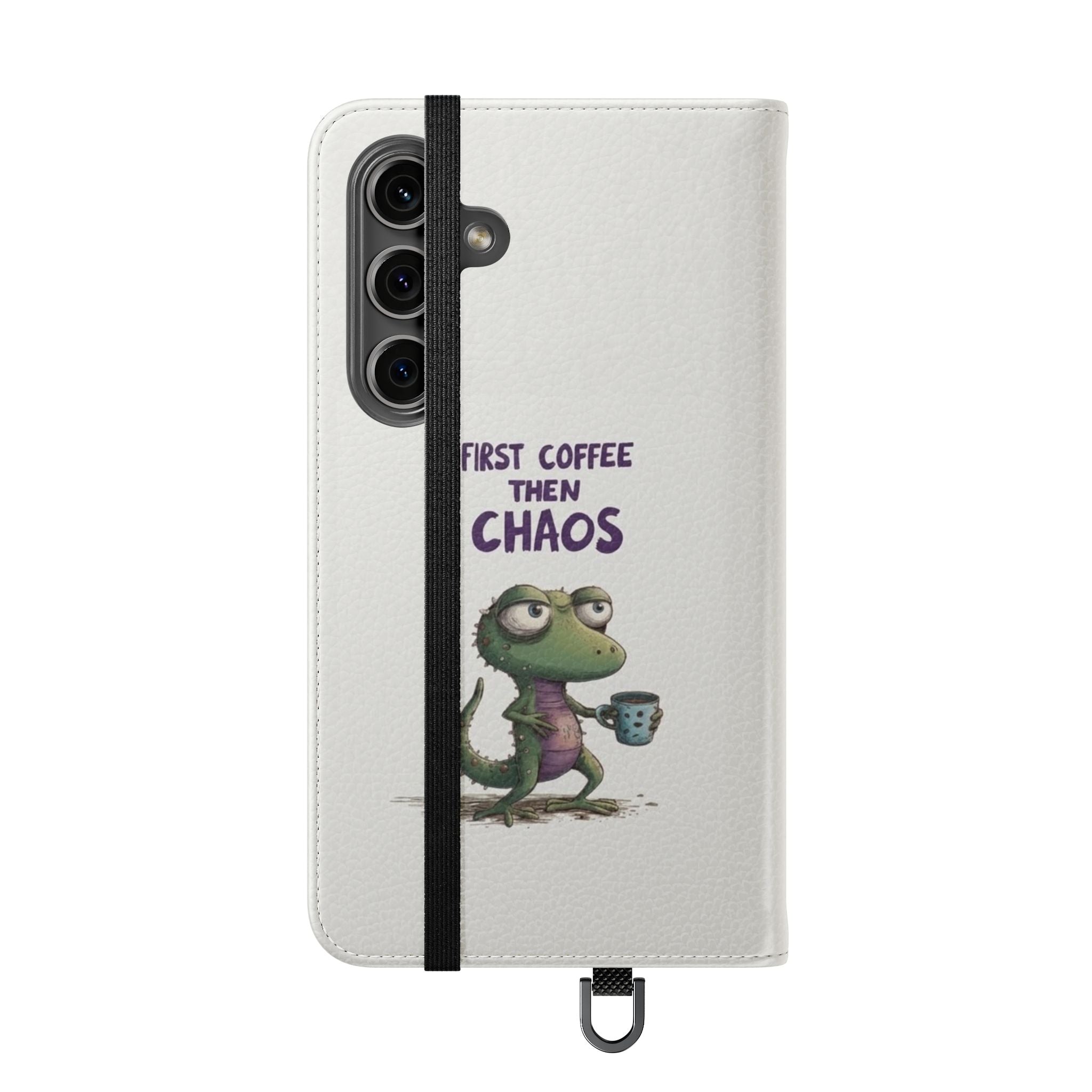 Flip Case — "First Coffee Then Chaos" Cute Dino Phone Wallet