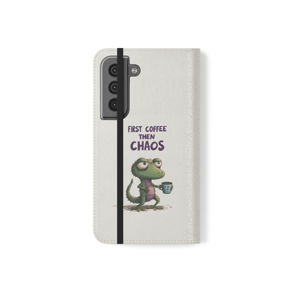 Flip Case — "First Coffee Then Chaos" Cute Dino Phone Wallet