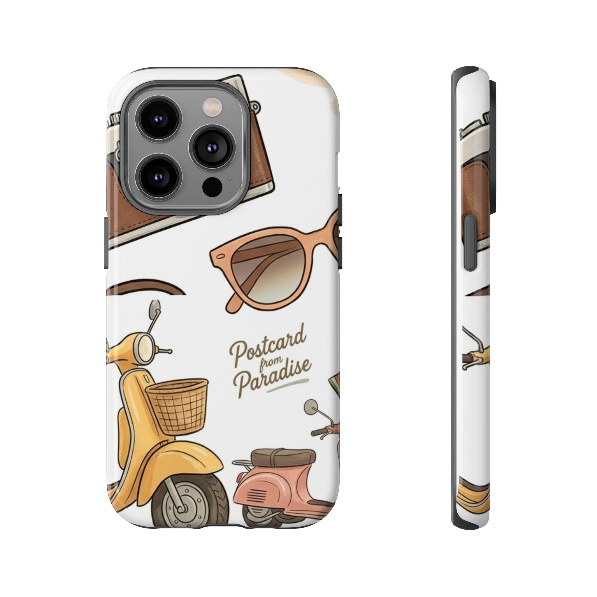 Vintage Summer Beach Phone Case — Feminine Travel Pattern with Cameras, Sunglasses & Scooter