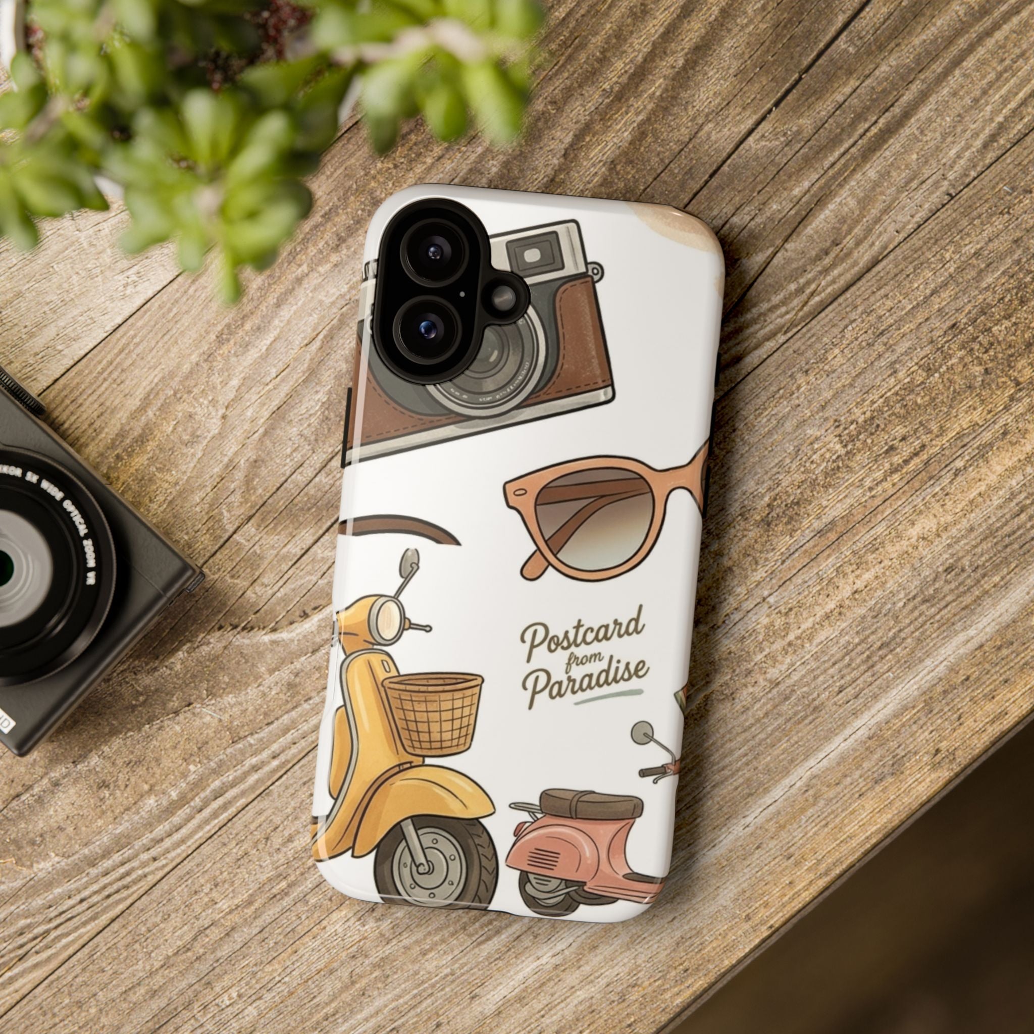 Vintage Summer Beach Phone Case — Feminine Travel Pattern with Cameras, Sunglasses & Scooter