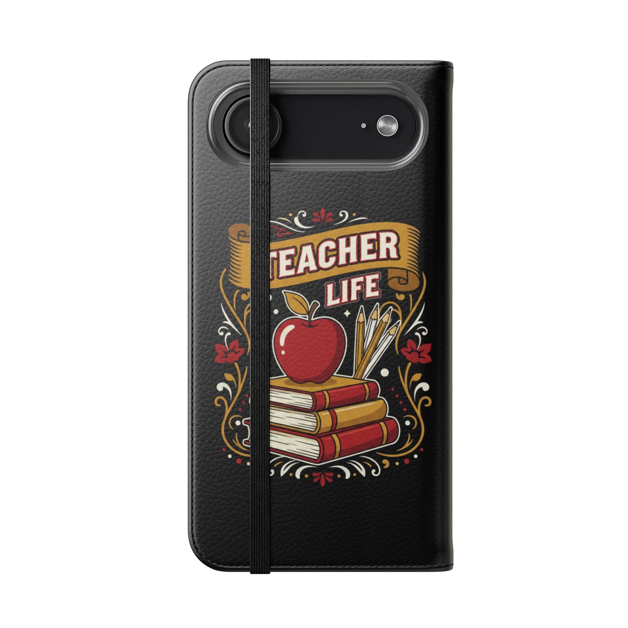 Teacher Life Flip Phone Case – Wallet Folio with Apple & Books Design