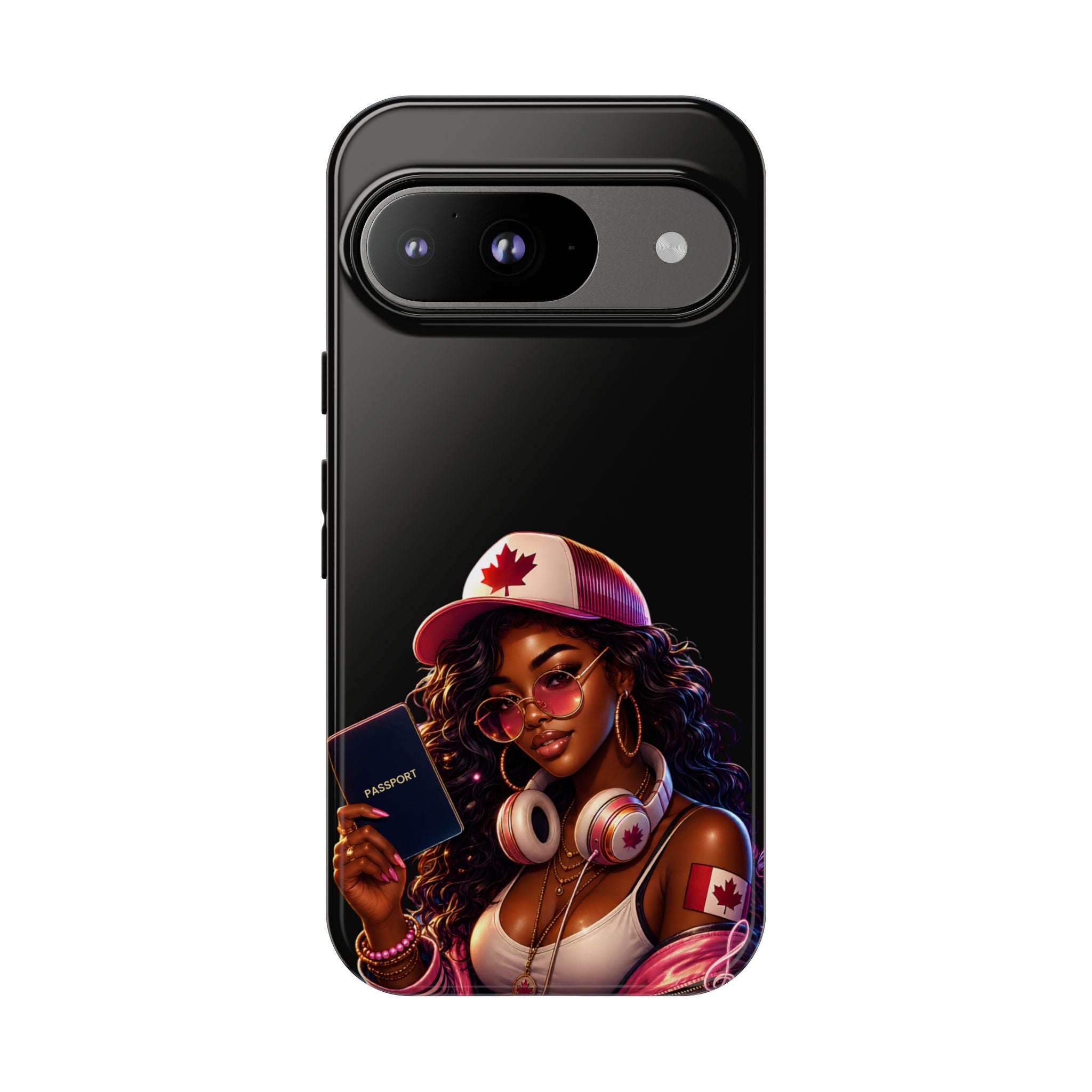 Canadian Vibes Phone Case — Afrobeat Girl with Headphones & Passport Design