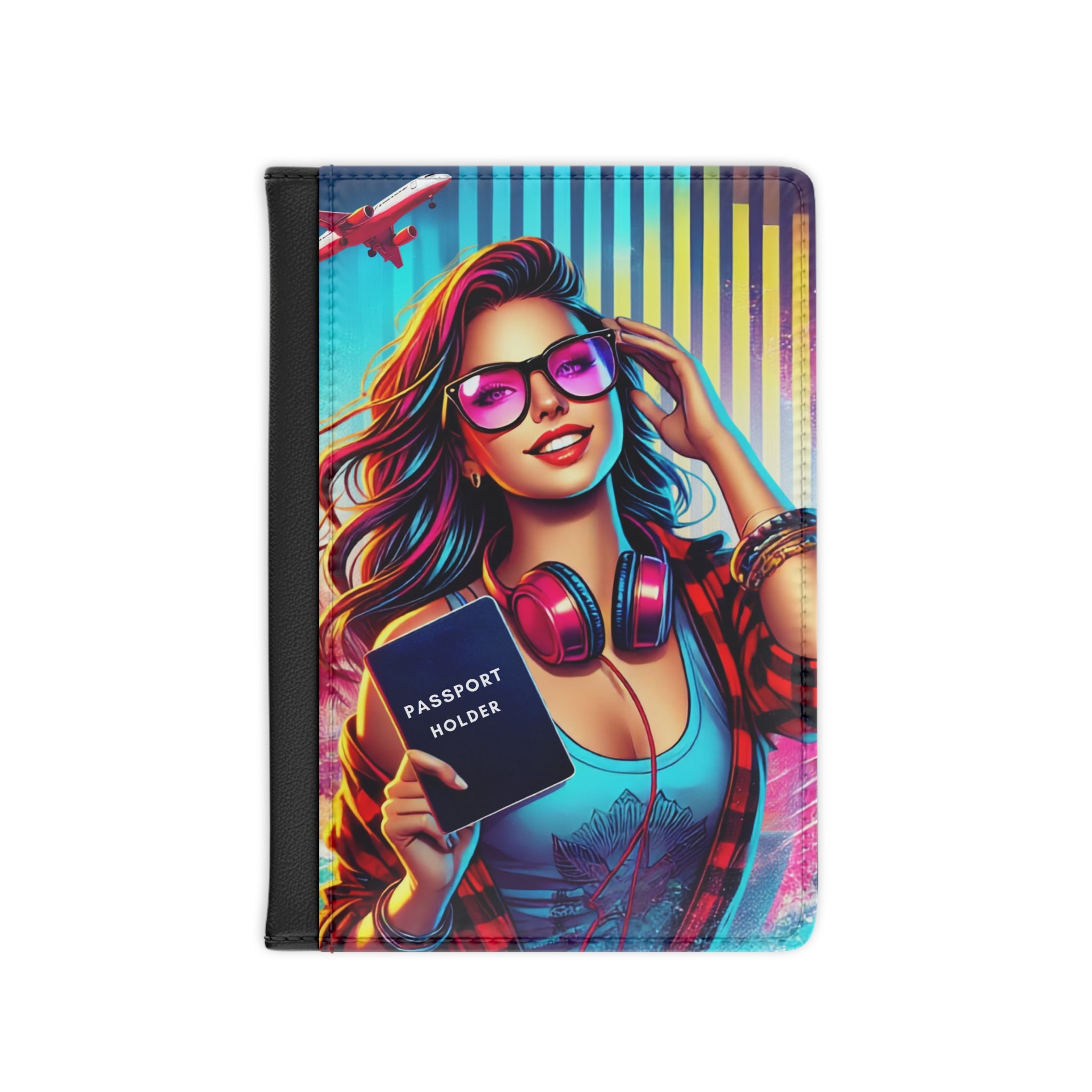 Colorful Travel Passport Cover – Retro Woman with Headphones & Pas sport Holder Design