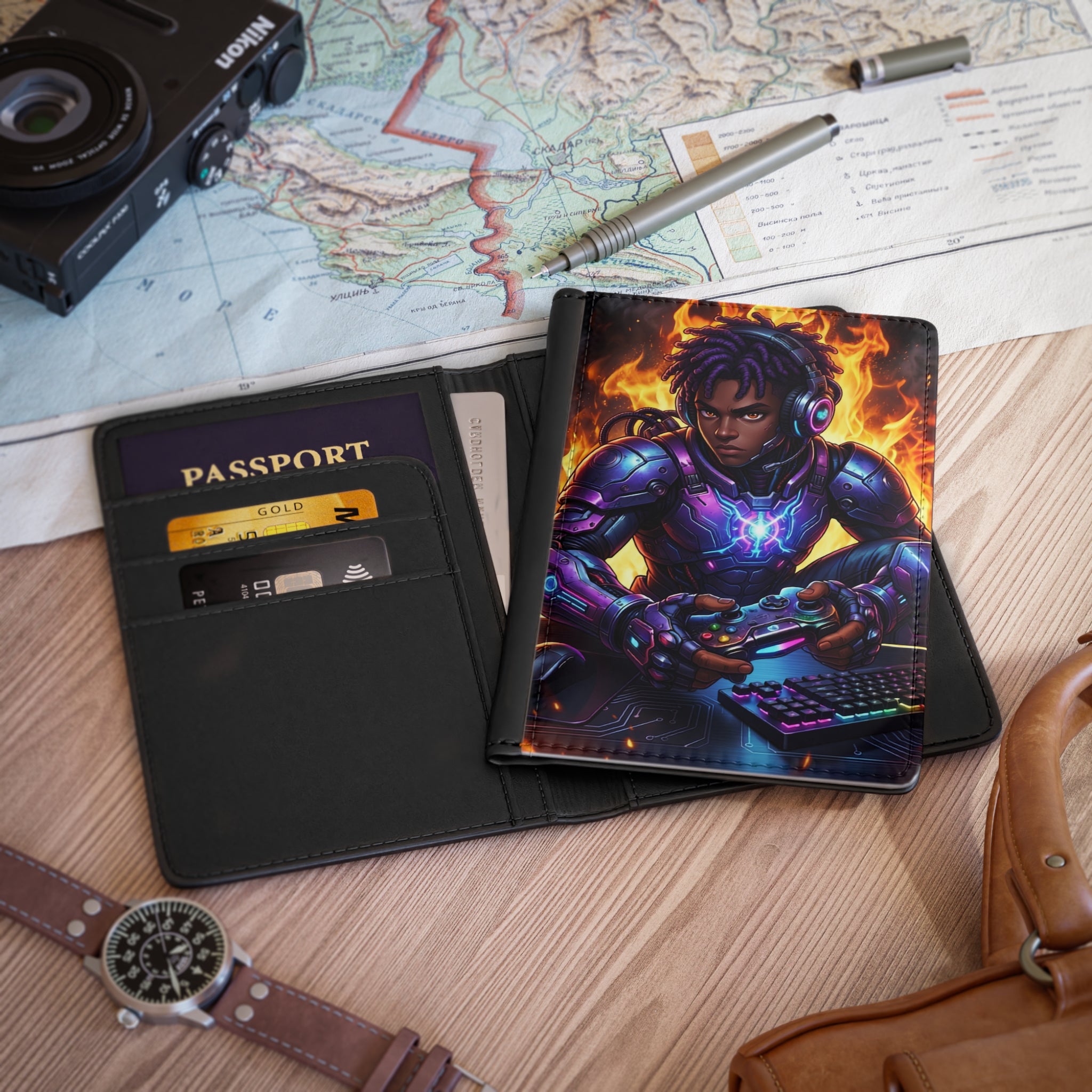 Gamer Knight Passport Cover — Neon Cyberhero with Controller