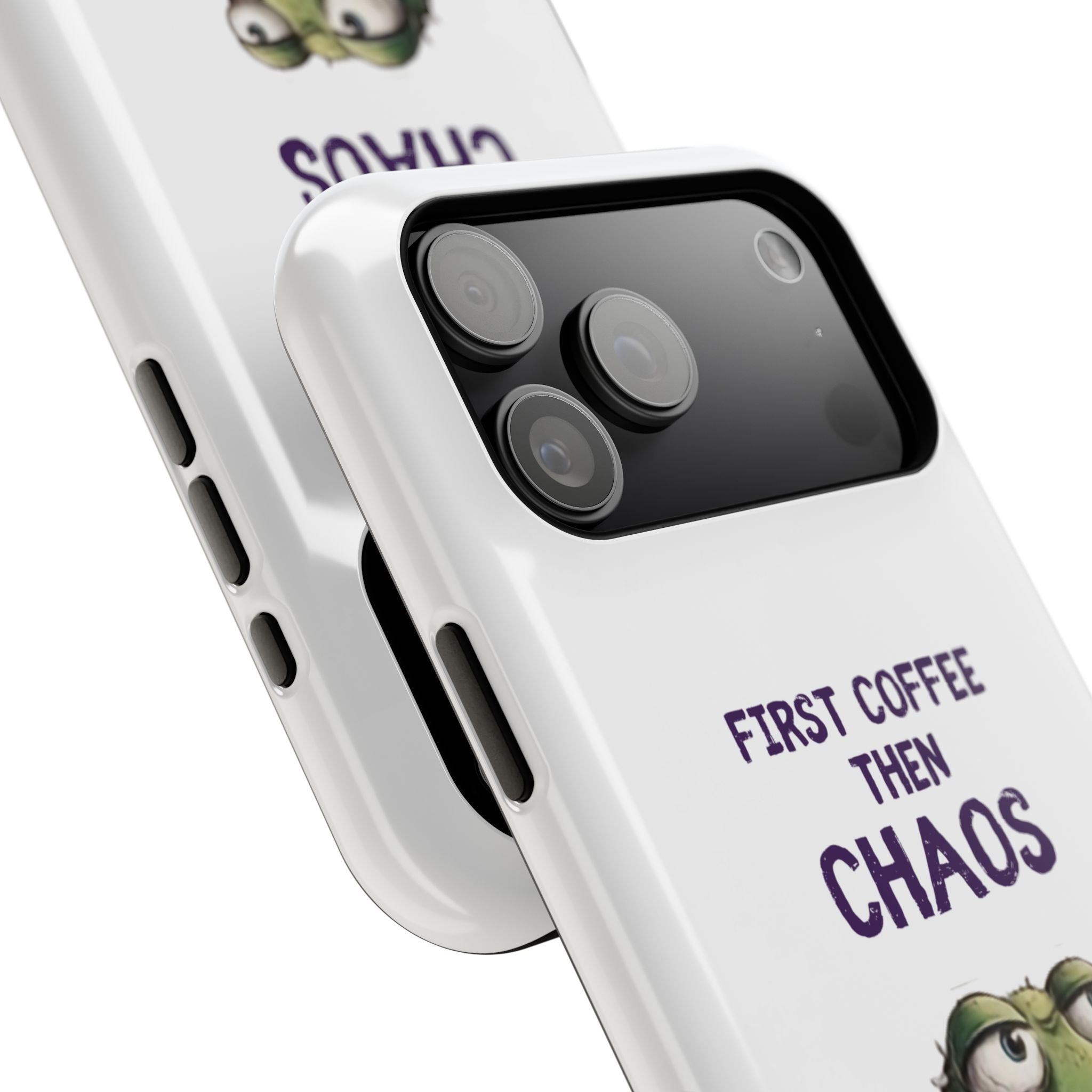 Impact-Resistant Phone Case — "First Coffee Then Chaos" Cute Lizard Coffee Design