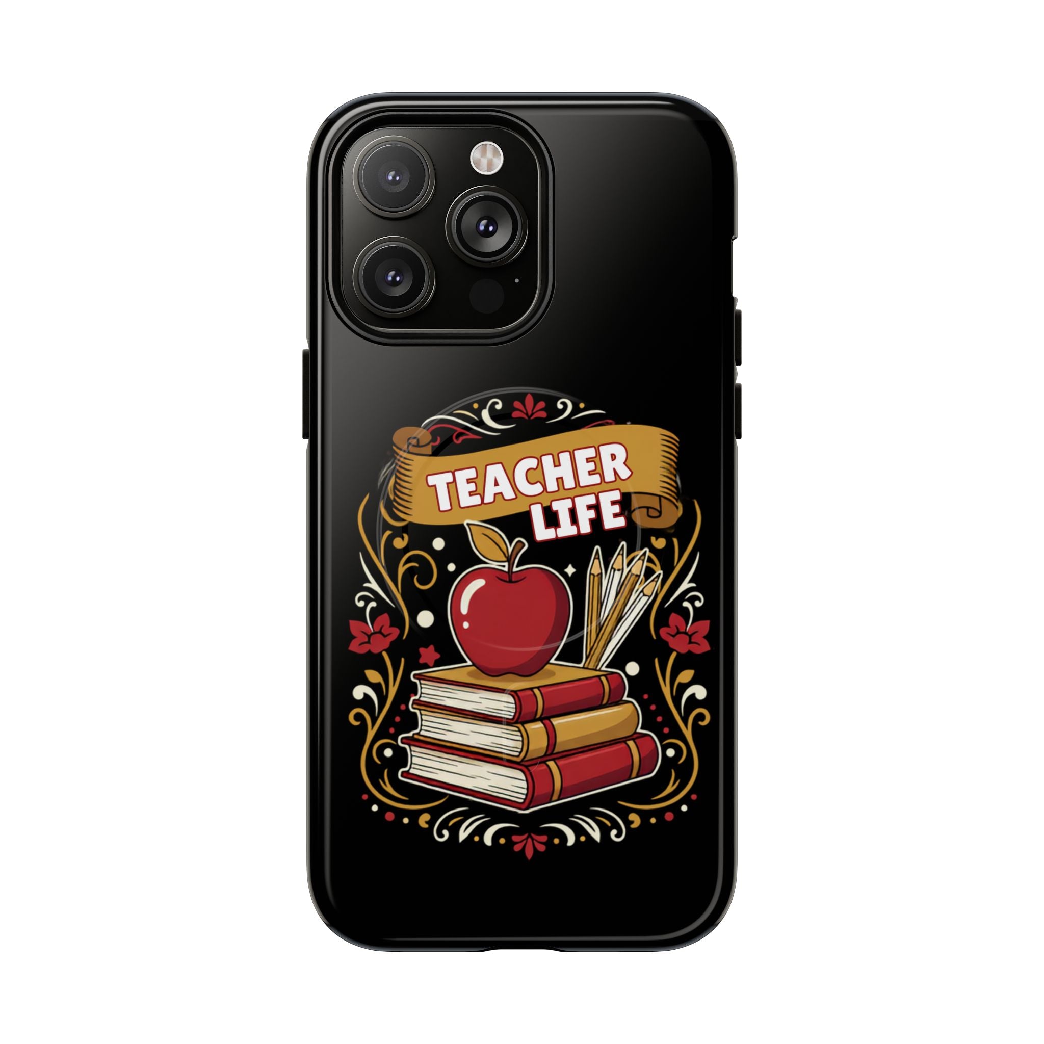 Teacher Life Phone Case - Tough Magnetic Protective Cover with Apple & Books Design