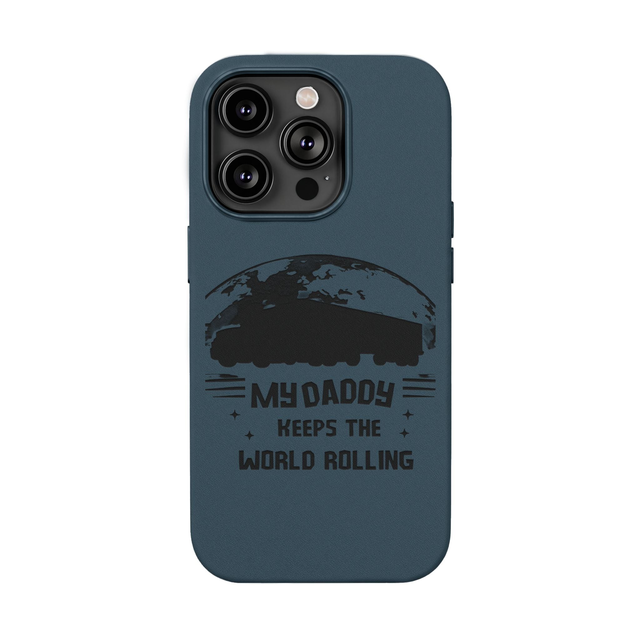 Engraved PU Leather Phone Case — 'Mhdaddy Keeps the World Rolling' Vintage Van Design