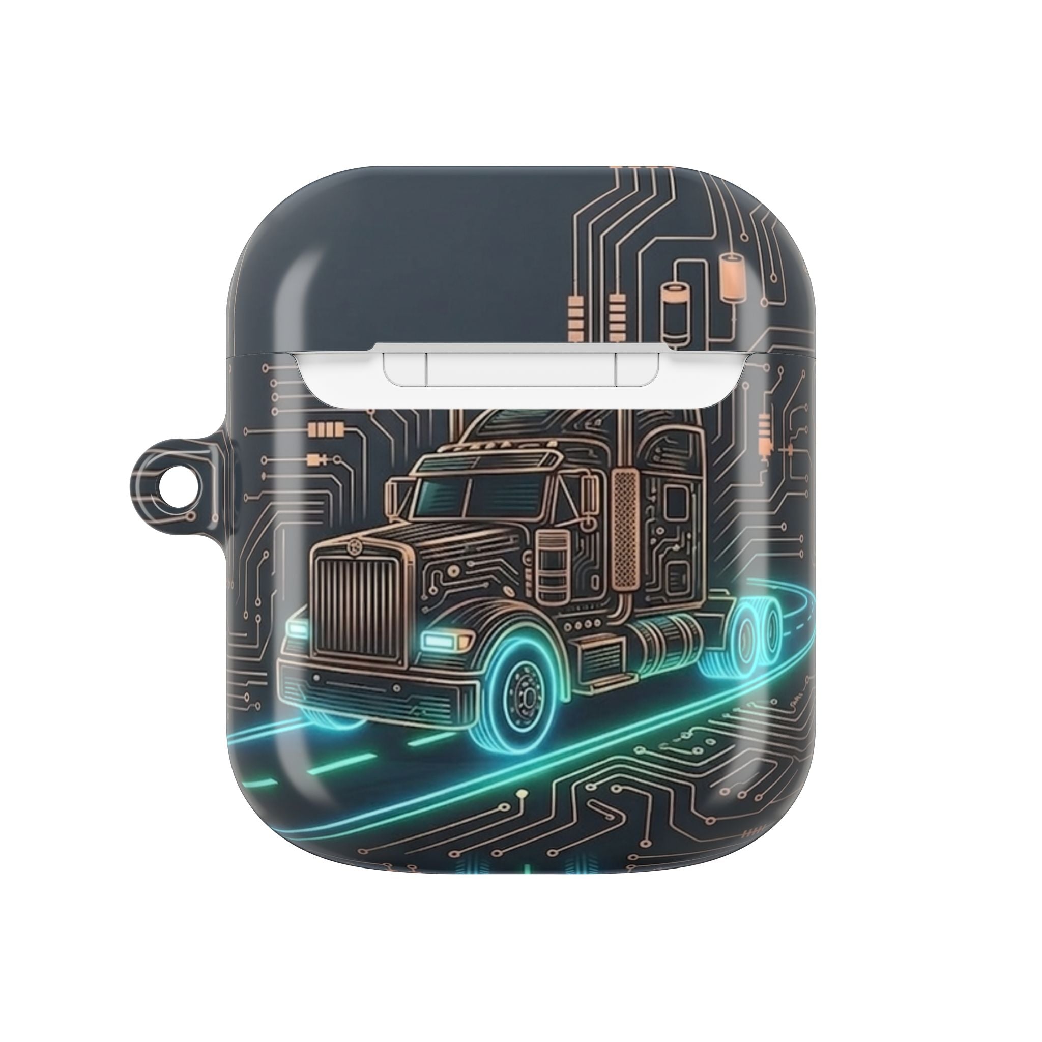 Trucker Tech AirPods Case — Neon Semi Truck Circuit Design