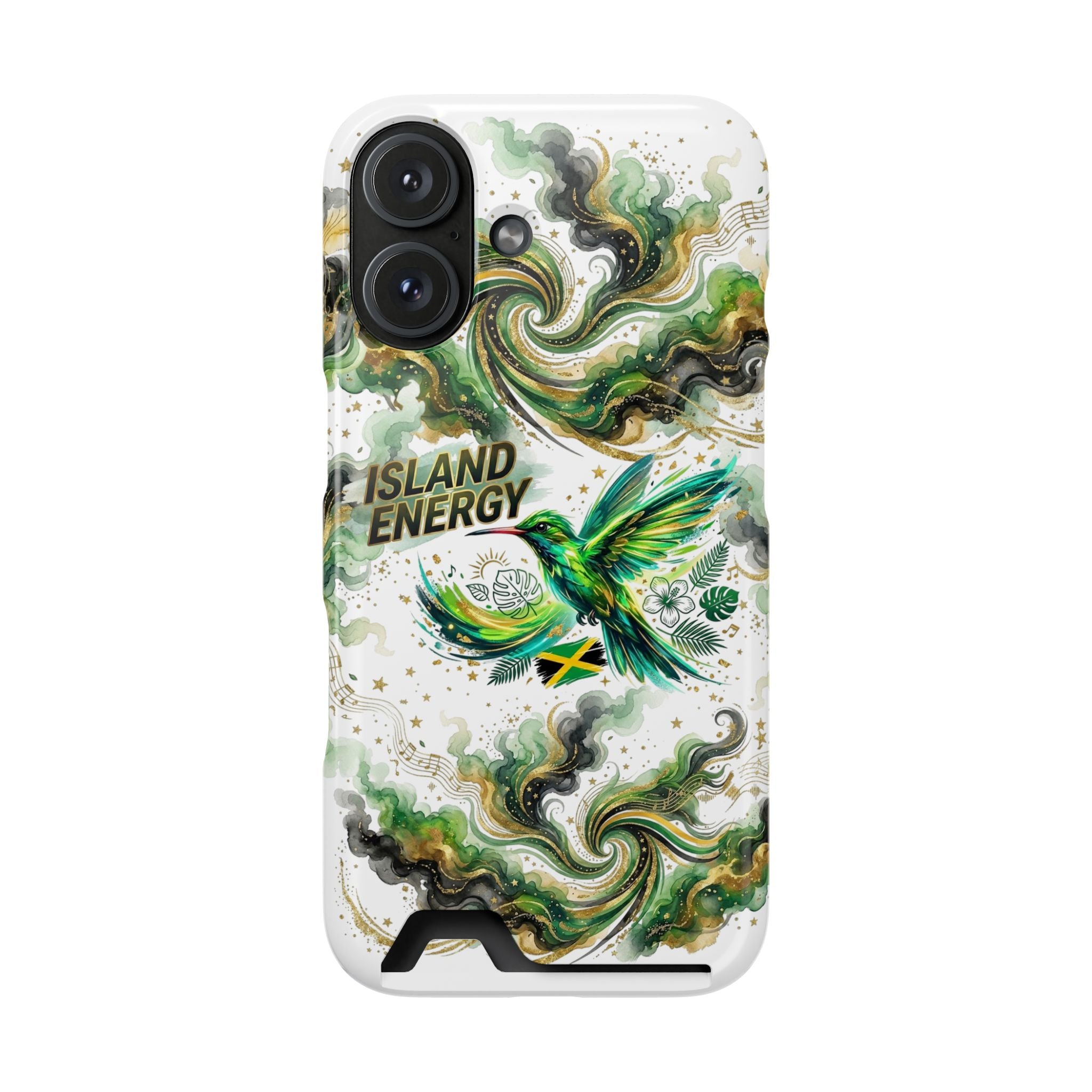 Phone Case with Card Holder — 'Island Energy' Green Hummingbird Design