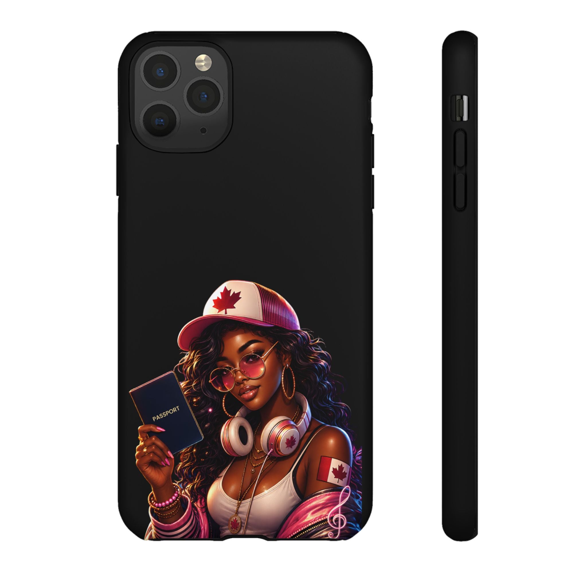 Canadian Vibes Phone Case — Afrobeat Girl with Headphones & Passport Design