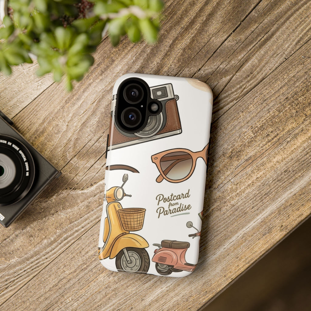 Vintage Summer Beach Phone Case — Feminine Travel Pattern with Cameras, Sunglasses & Scooter