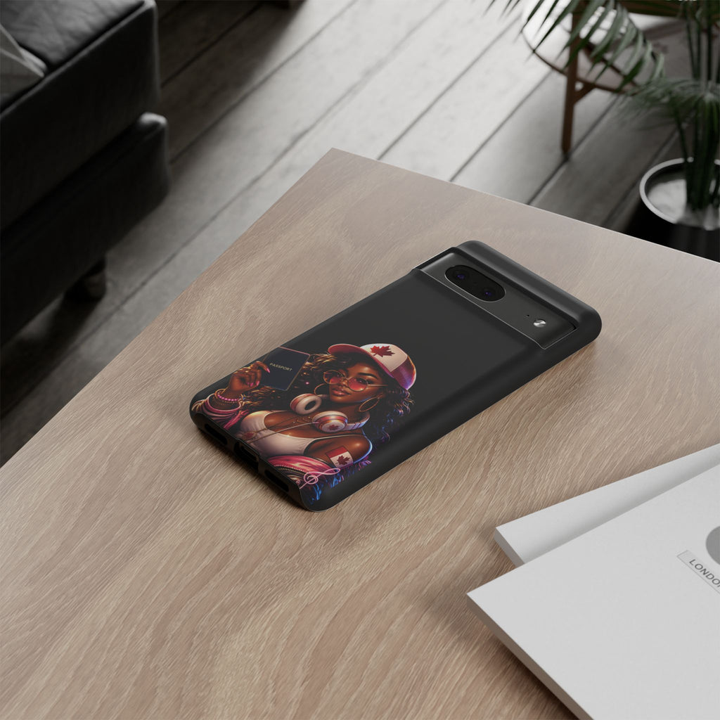 Canadian Vibes Phone Case — Afrobeat Girl with Headphones & Passport Design
