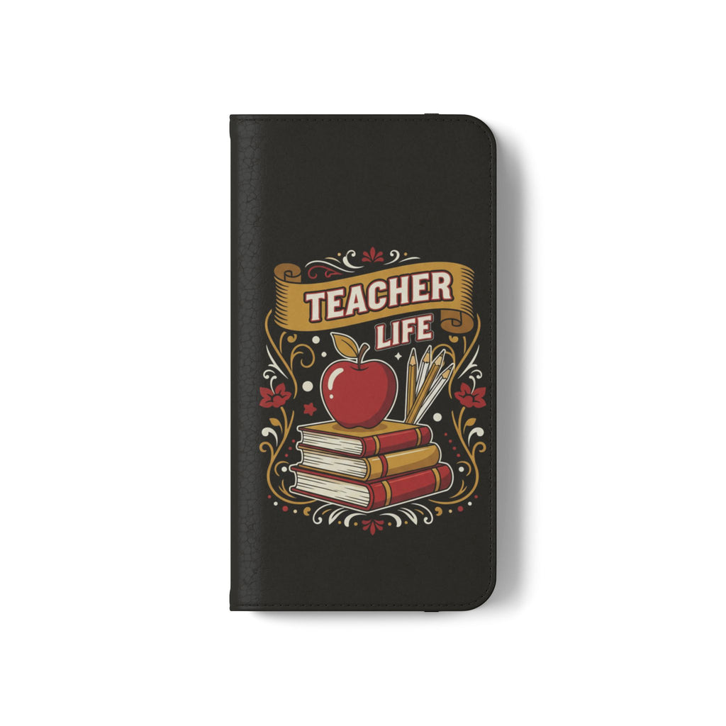 Teacher Life Flip Phone Case – Wallet Folio with Apple & Books Design